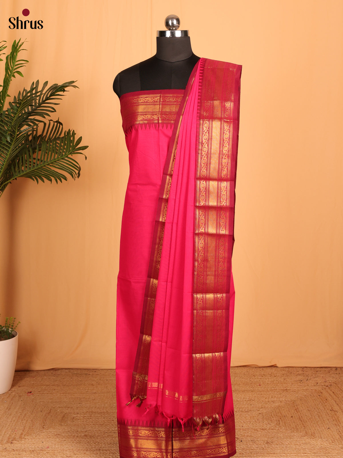 Pink & Maroon Chettinad Cotton Unstitched Top & Dupatta - MCL23049 - Shop on Shrus.com