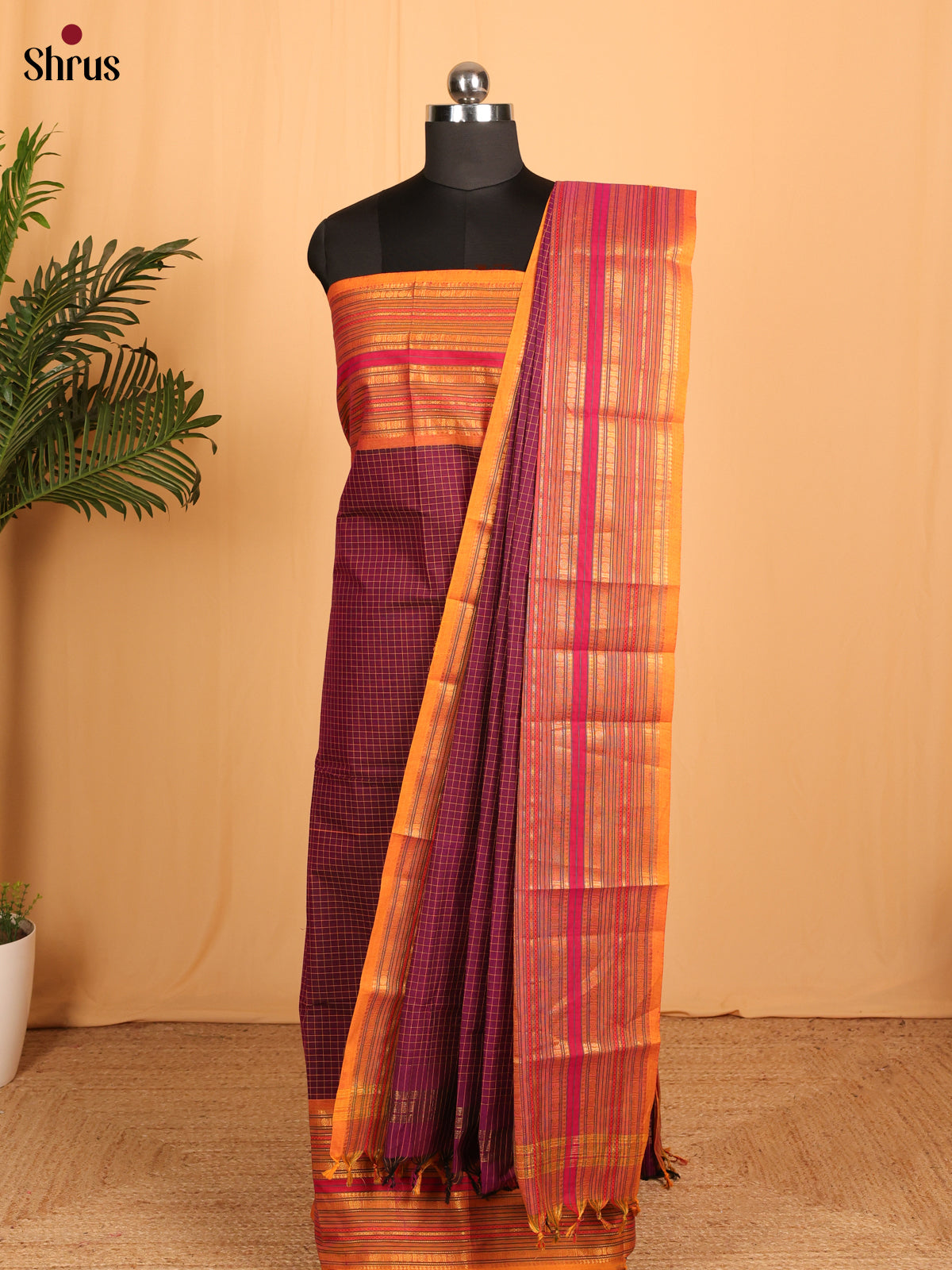 Purple & Mustard Chettinad Cotton Unstitched Top & Dupatta - MCL23052 - Shop on Shrus.com