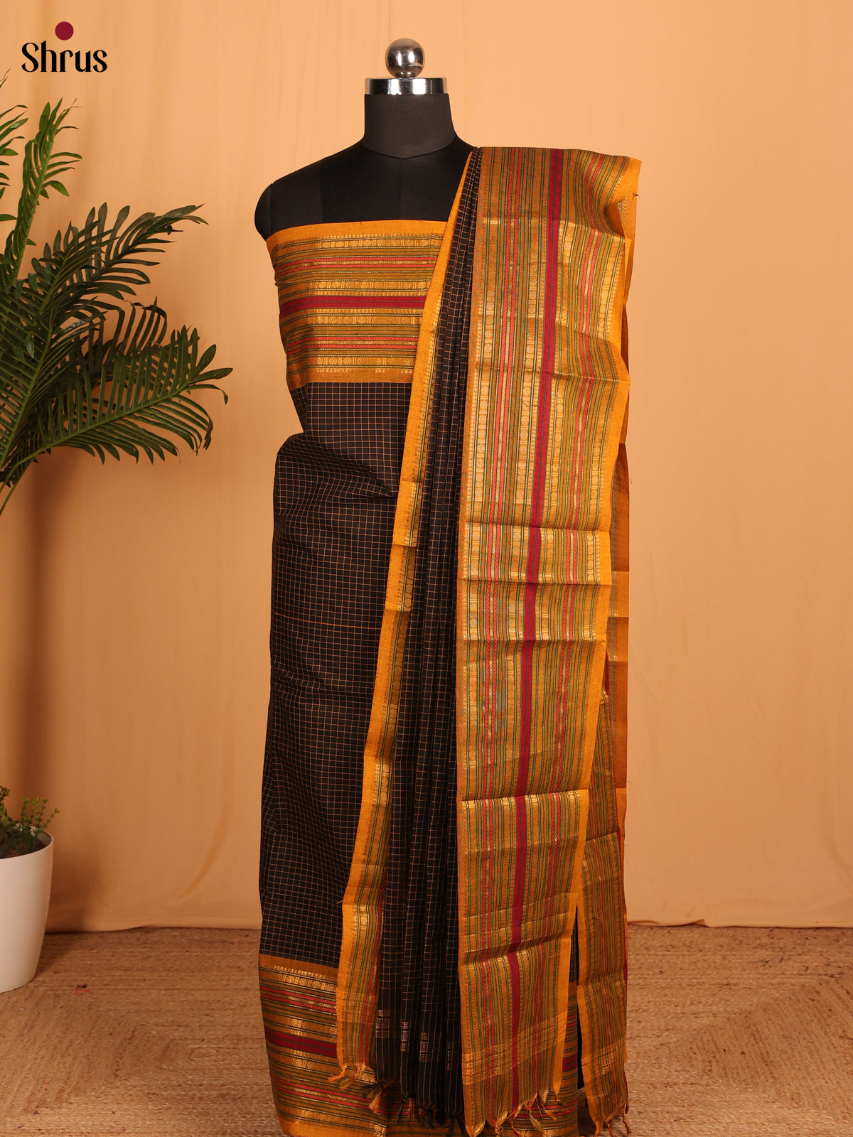 Black with Mustard Chettinad Cotton Unstitched Suit Set - Shop on Shrus.com
