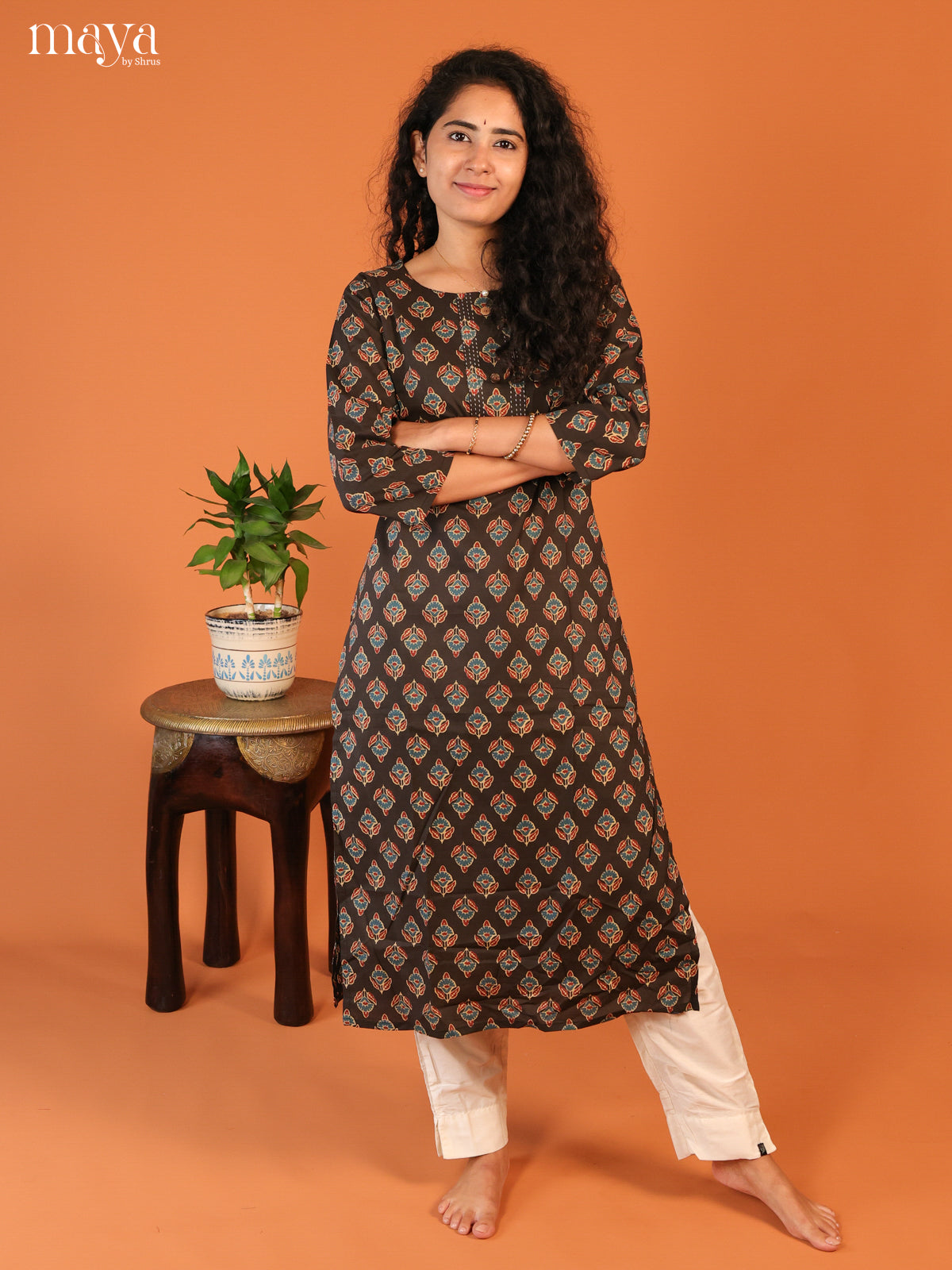 Floral Printed Browm Cotton Kurti - Shop on Shrus.com