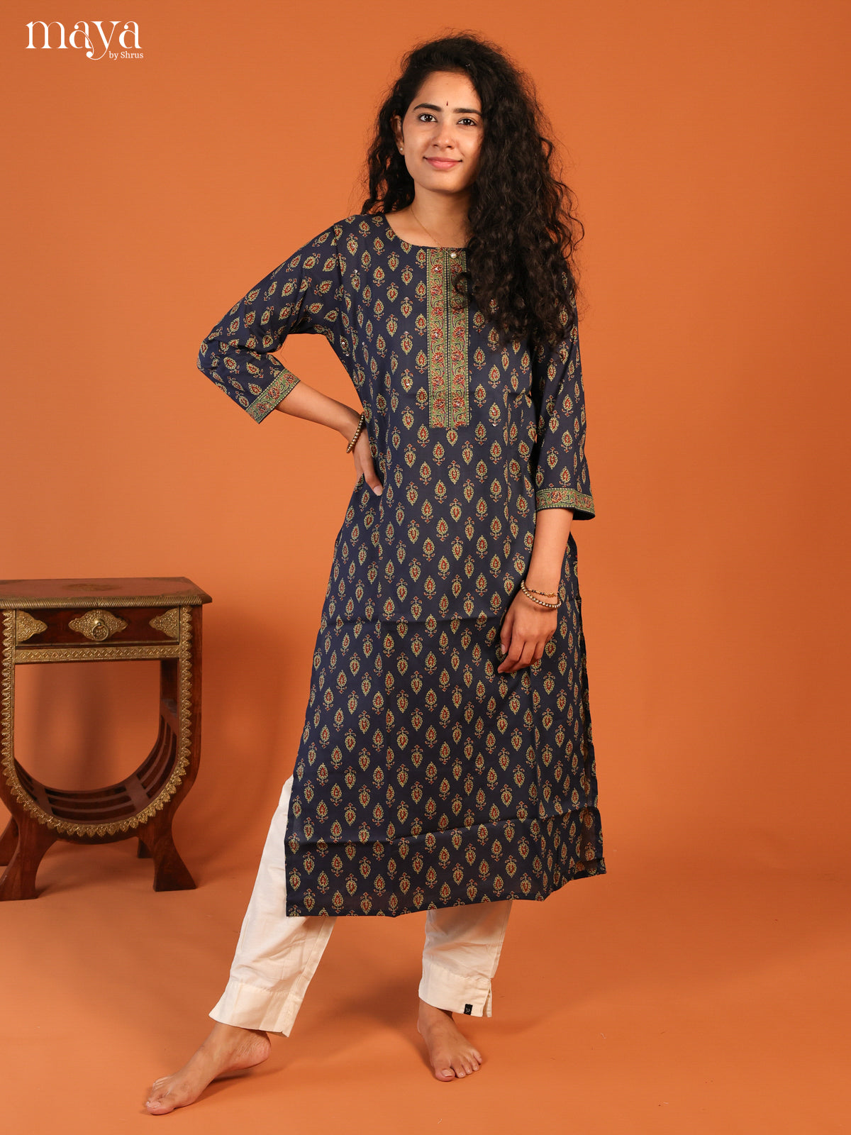 Floral Printed Blue Cotton Kurti - Shop on Shrus.com
