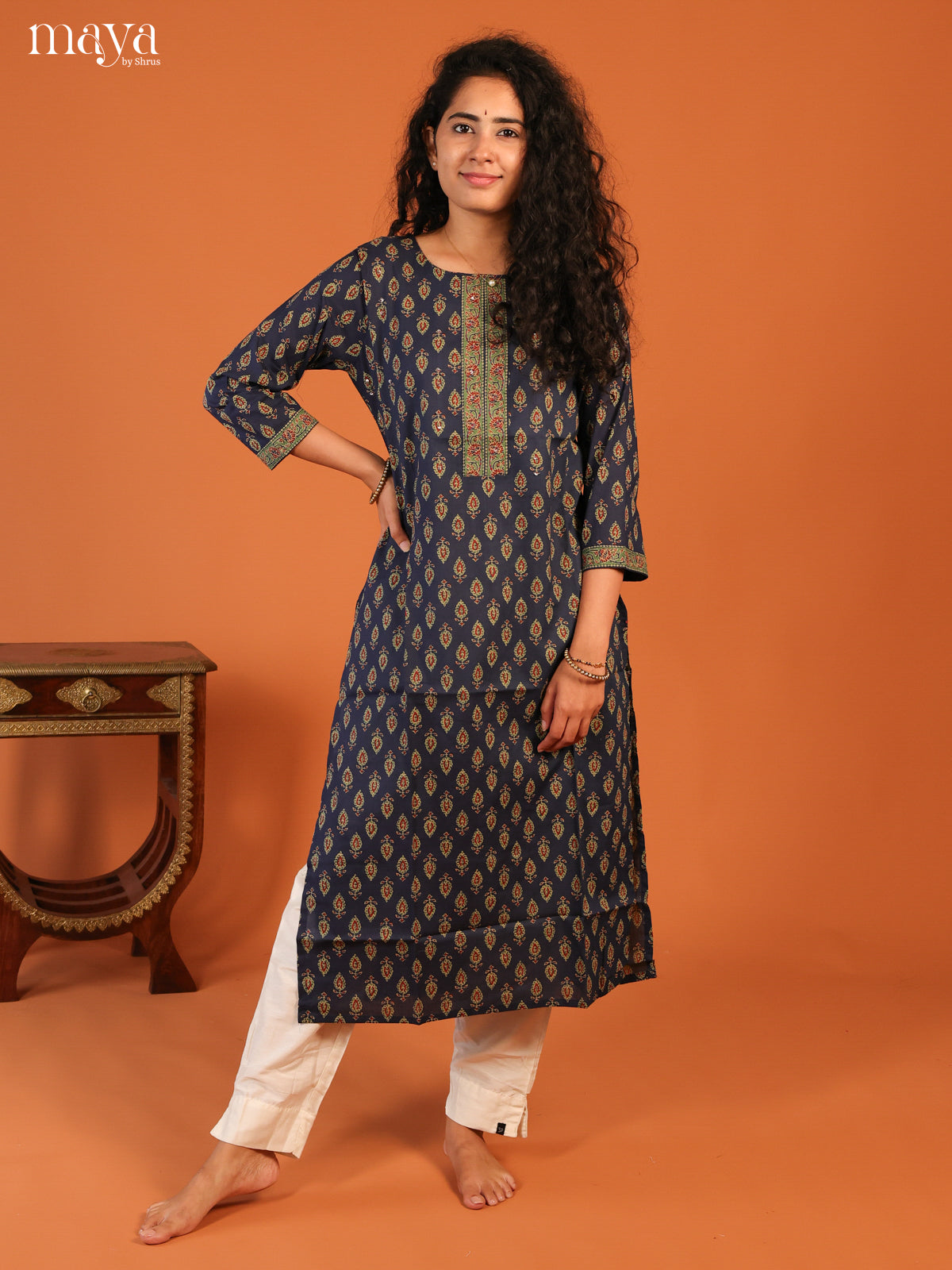 Floral Printed Blue Cotton Kurti - Shop on Shrus.com