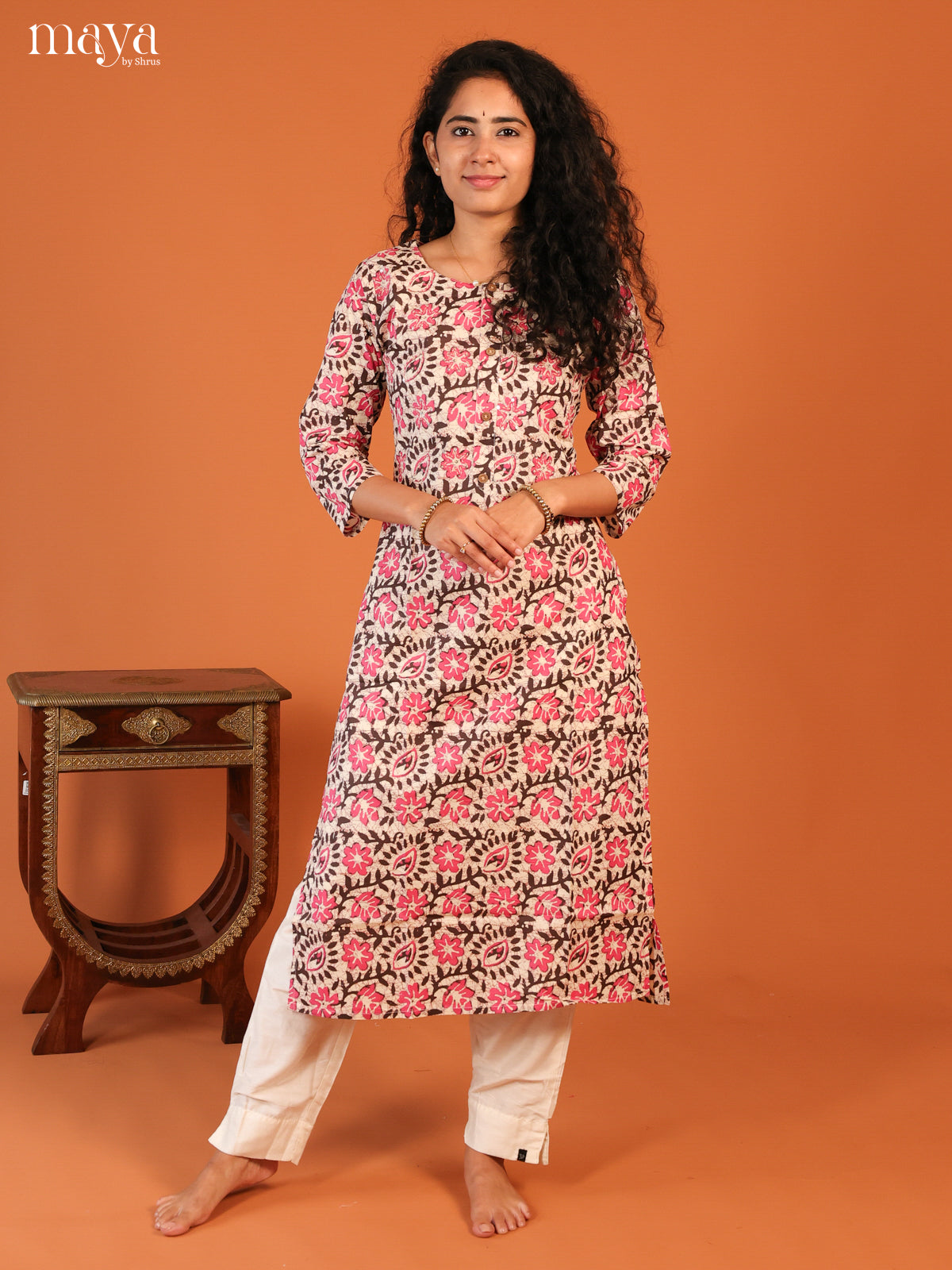 Cream Floral Printed Cotton Kurti - Shop on Shrus.com