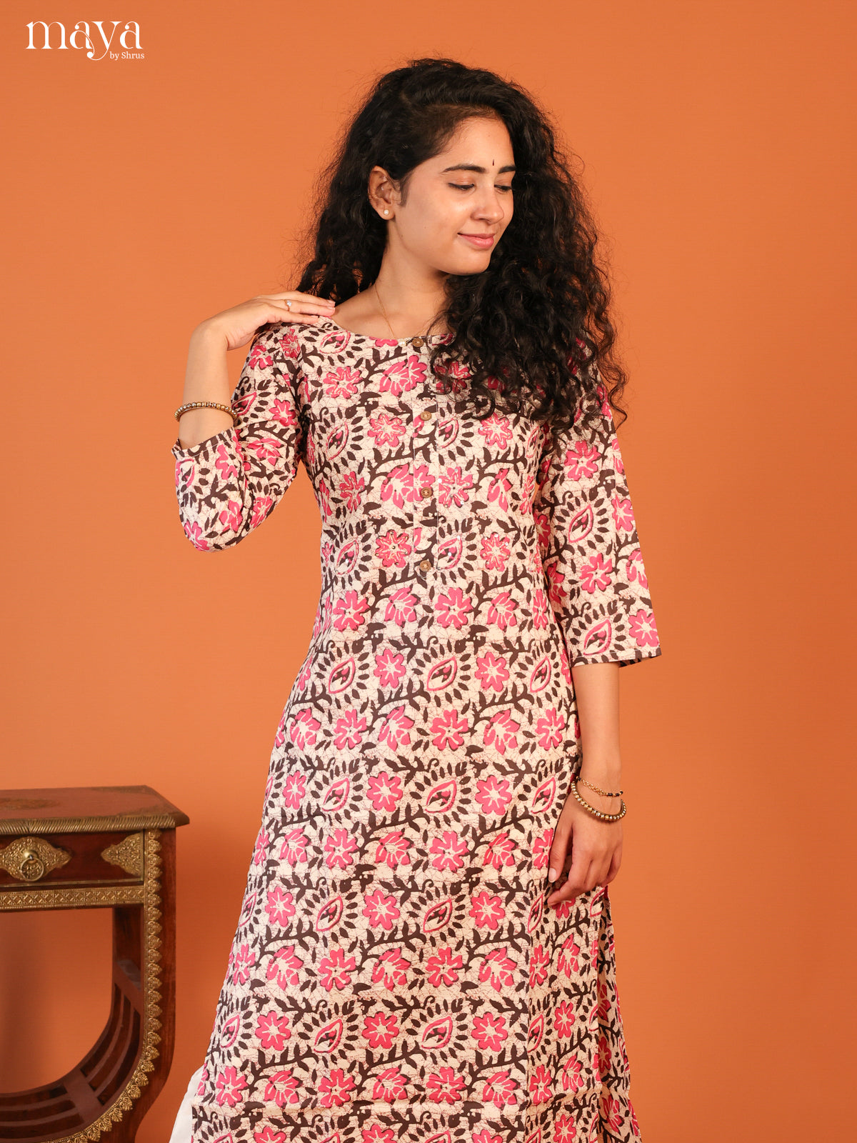 Cream Floral Printed Cotton Kurti - Shop on Shrus.com