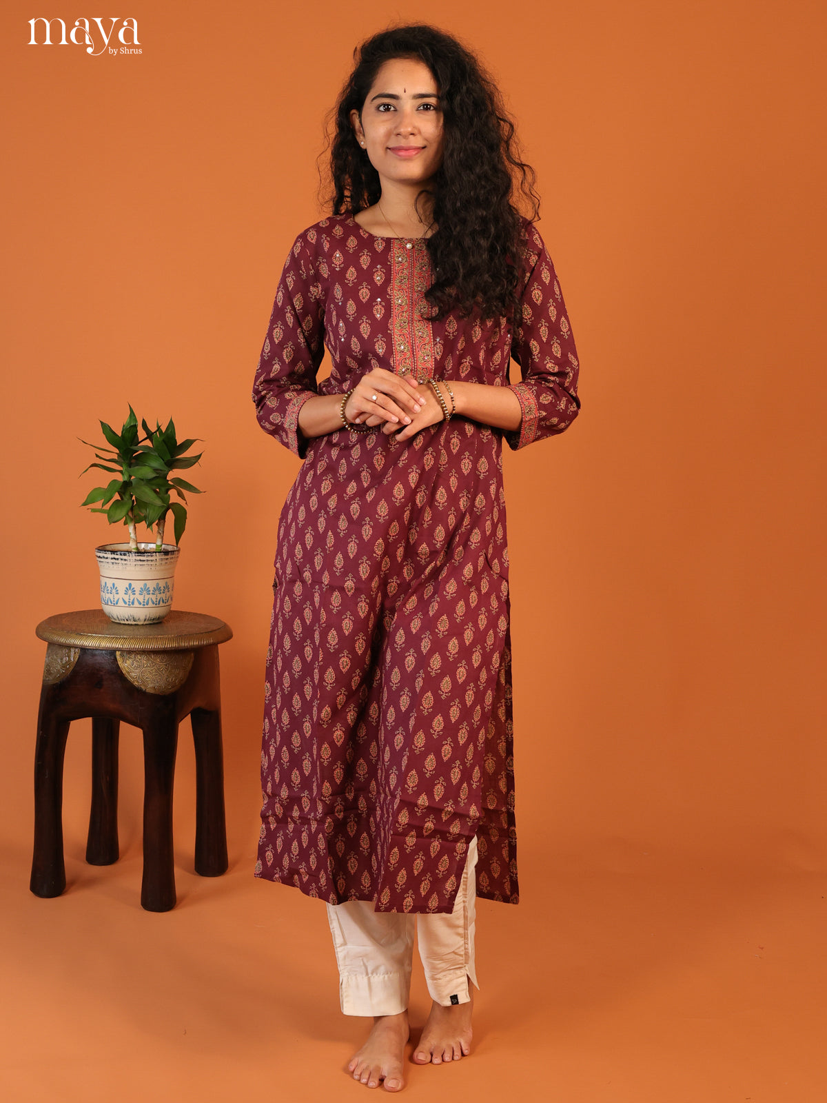 Magenta Floral Printed Cotton Kurti - Shop on Shrus.com