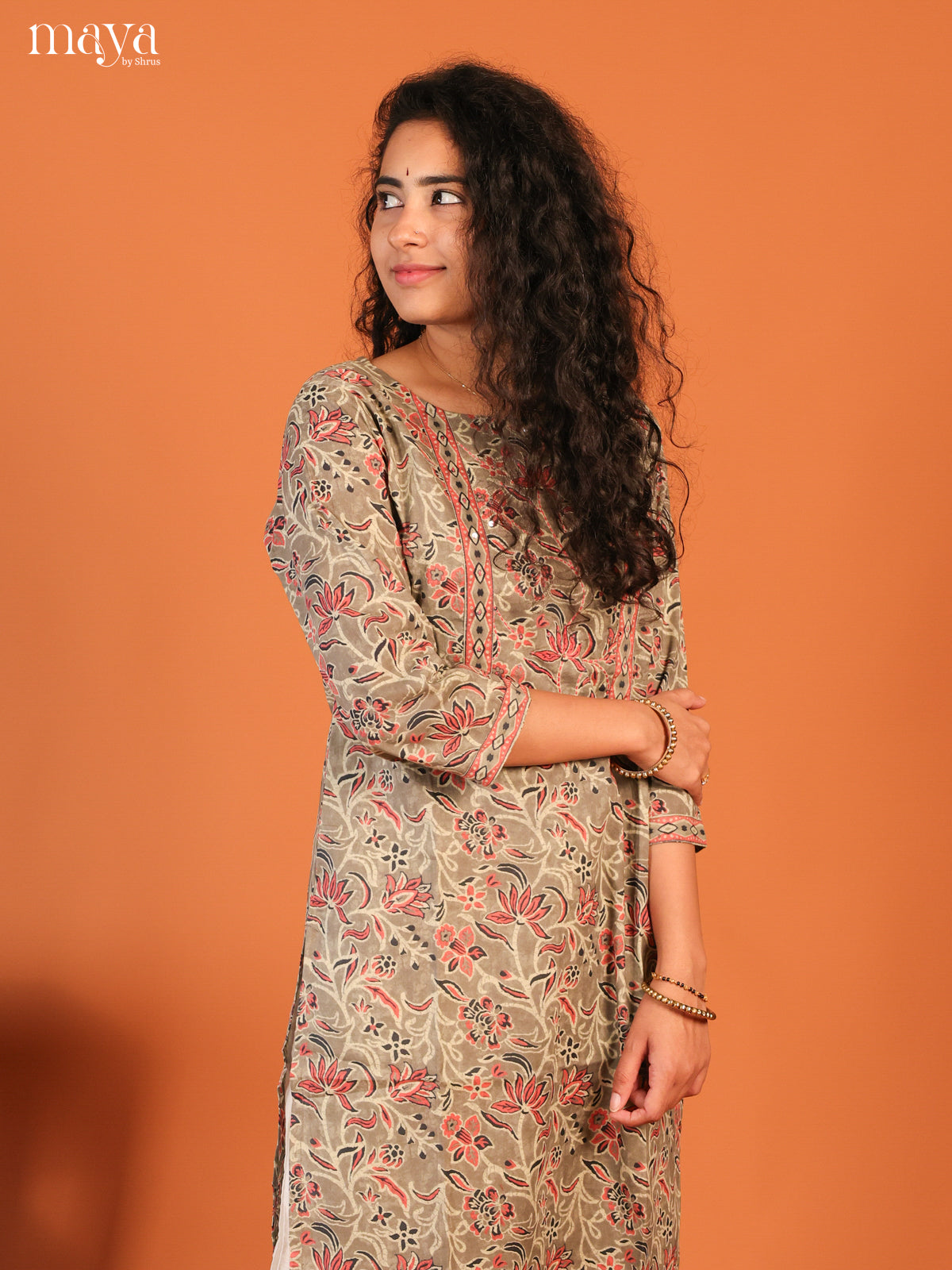 Grey Floral Printed Cotton Kurti - Shop on Shrus.com