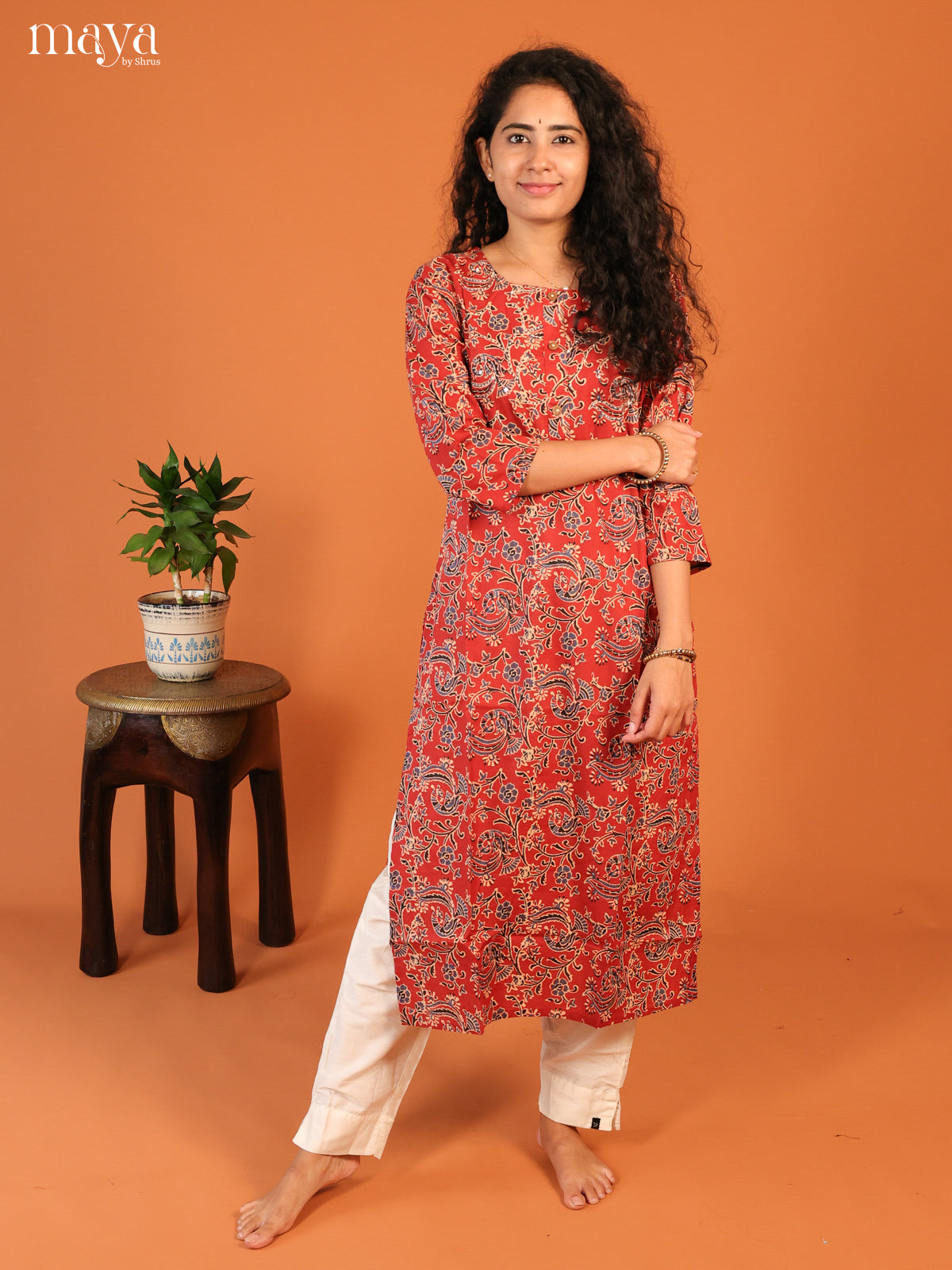 Maroon Floral Printed Cotton Kurti - Shop on Shrus.com