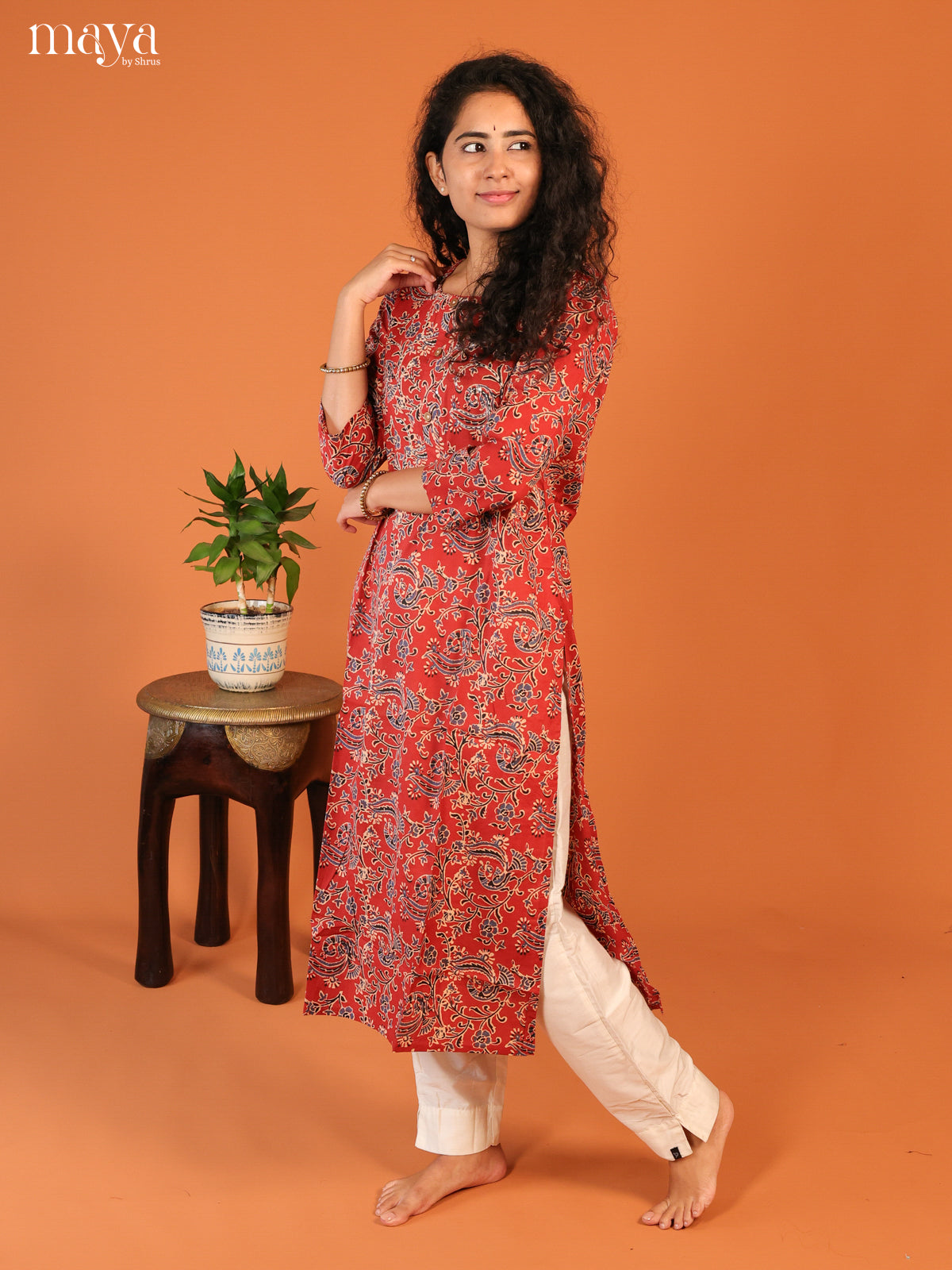 Maroon Floral Printed Cotton Kurti - Shop on Shrus.com
