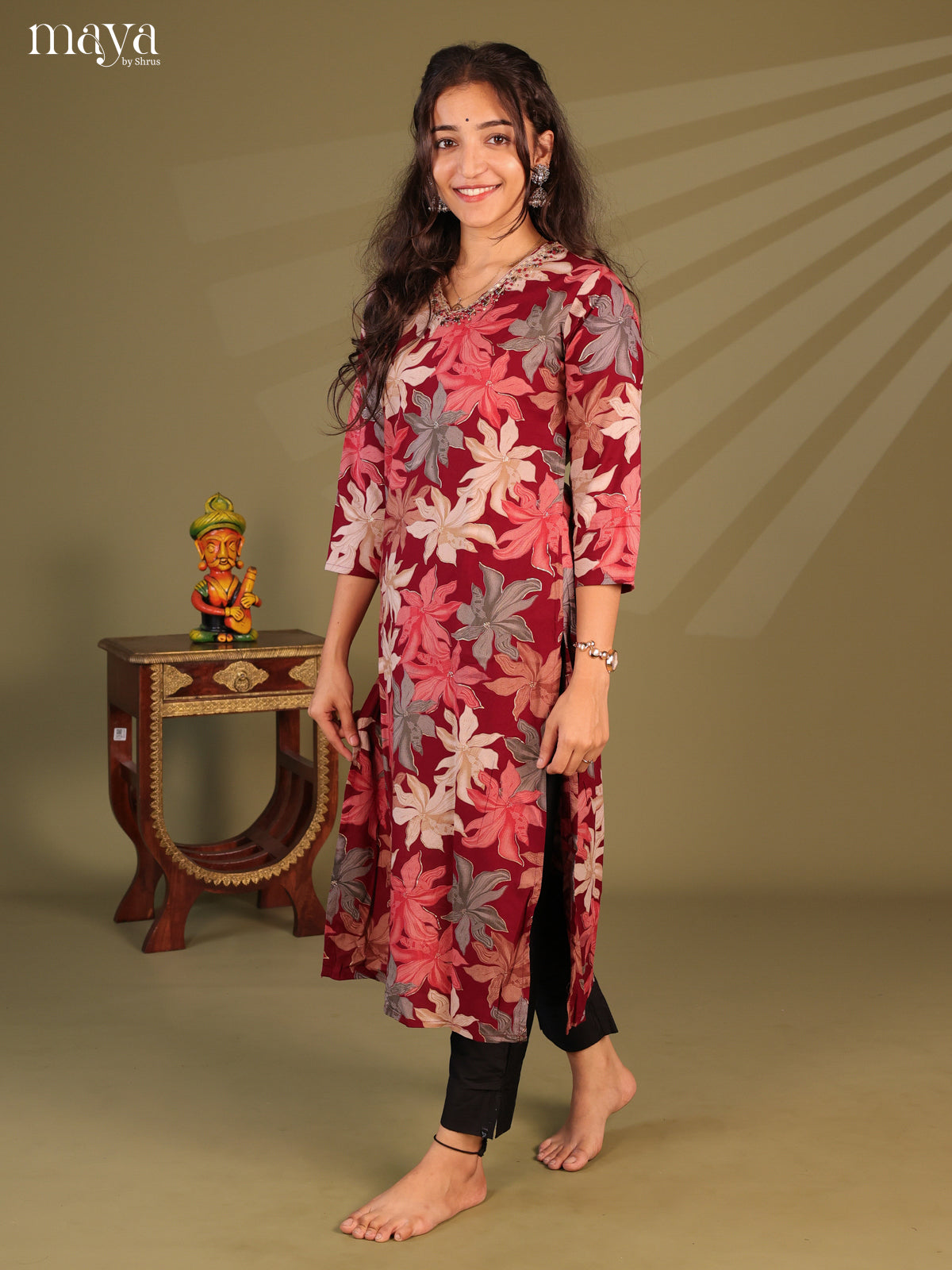 Maroon Floral Printed Rayon Kurti - Shop on Shrus.com