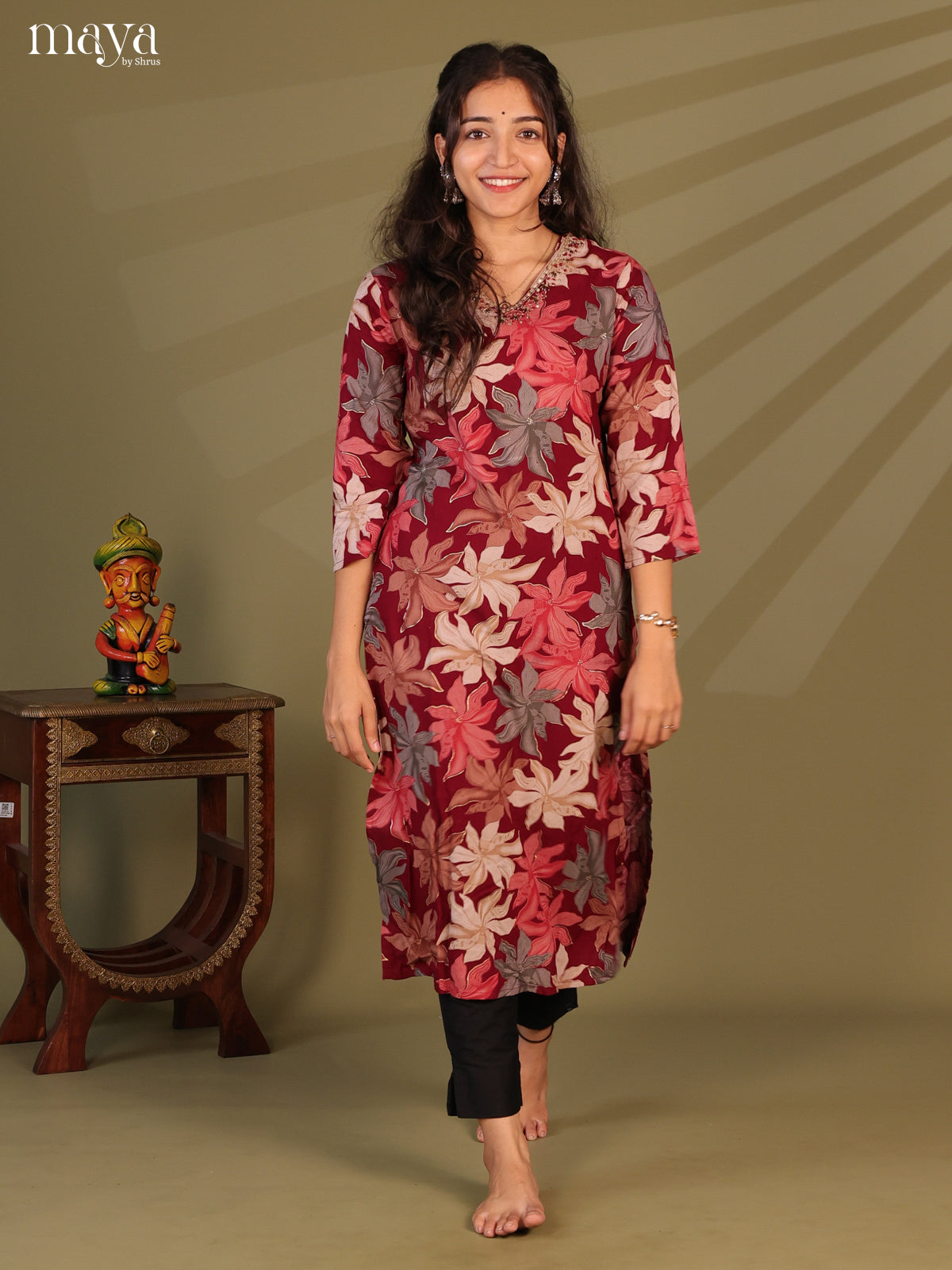 Maroon Floral Printed Rayon Kurti - Shop on Shrus.com