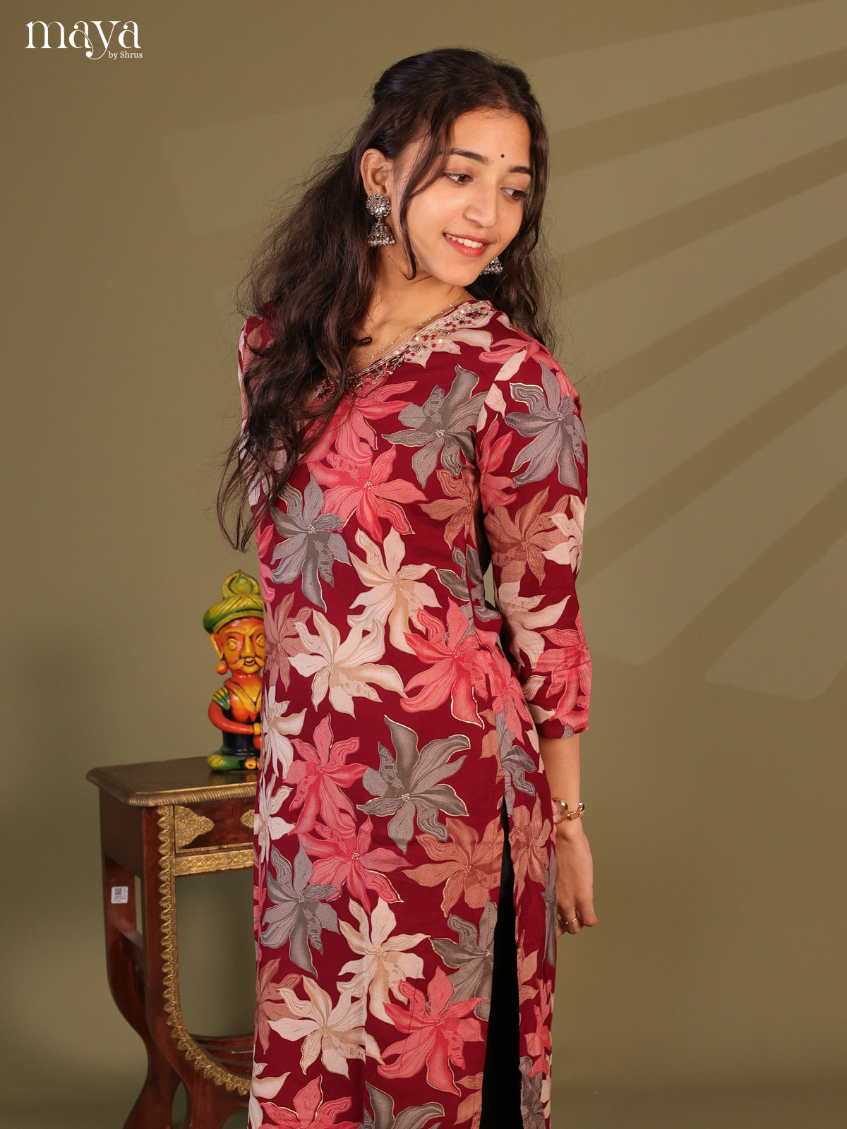 Maroon Floral Printed Rayon Kurti - Shop on Shrus.com