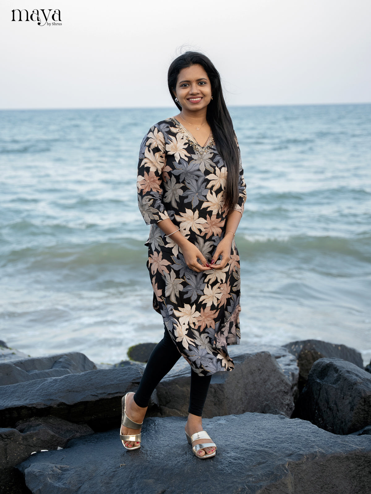 Black Floral Printed Rayon Kurti - Shop on Shrus.com