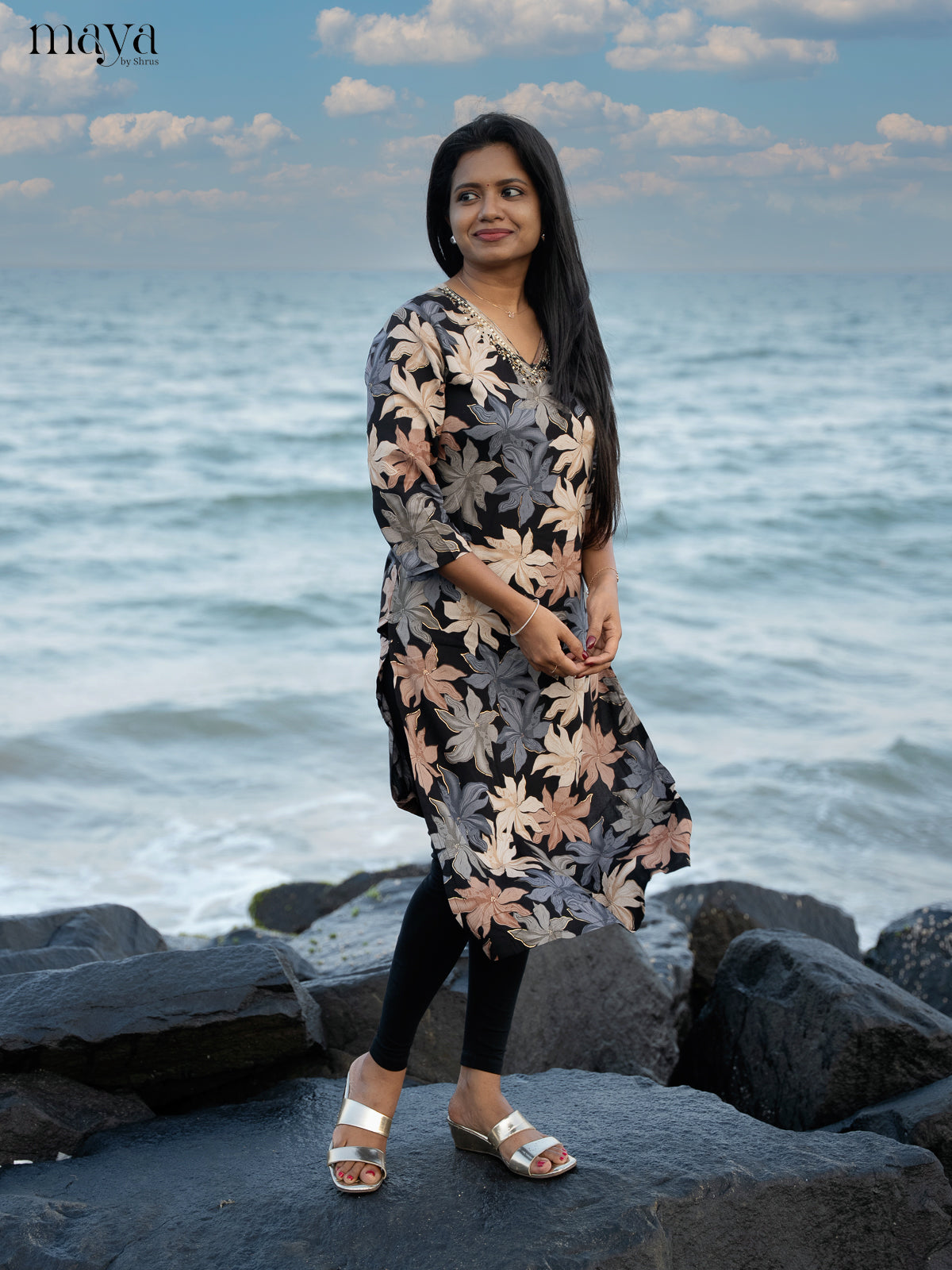 Black Floral Printed Rayon Kurti - Shop on Shrus.com