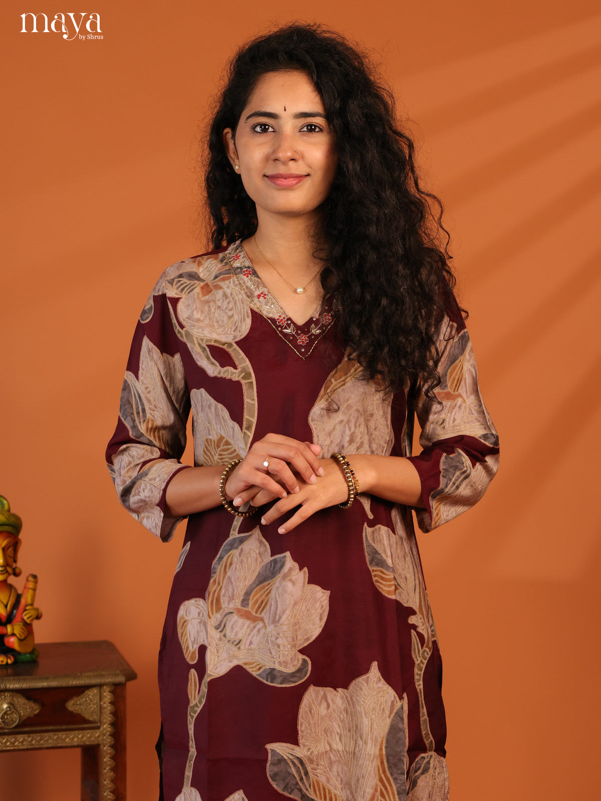 Maroon Floral Printed Cotton Kurti - Shop on Shrus.com