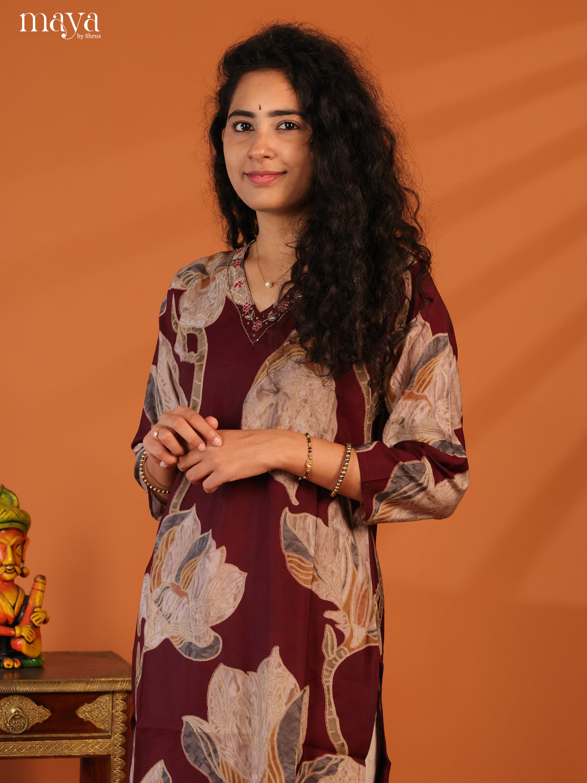 Maroon Floral Printed Cotton Kurti - Shop on Shrus.com