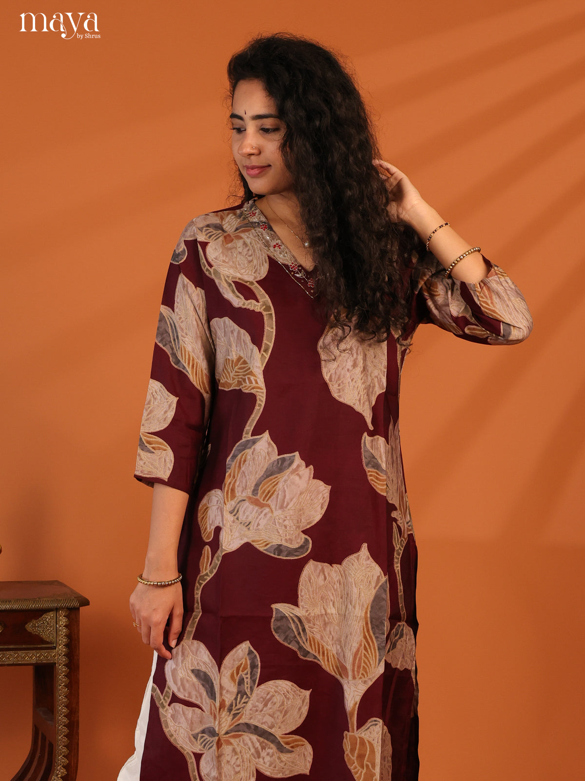 Maroon Floral Printed Cotton Kurti - Shop on Shrus.com