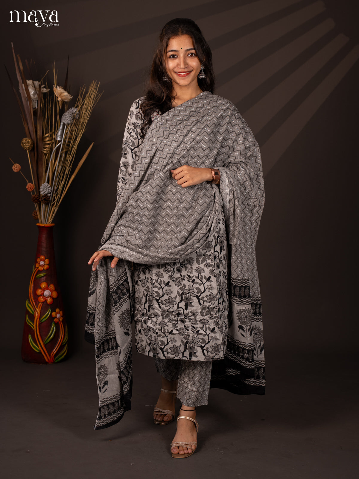 Grey Cotton 3Pc Salwar Suit with Floral Print - Top, Bottom & Dupatta - Shop on Shrus.com