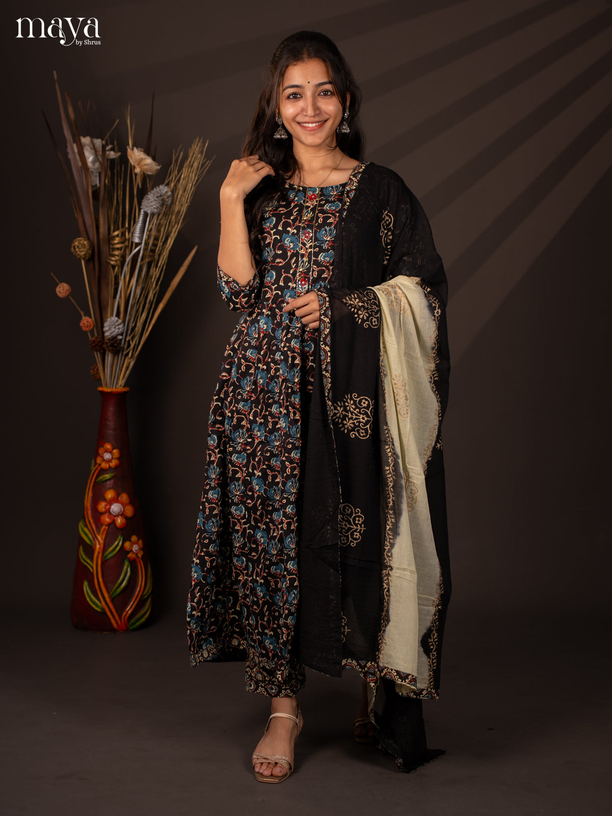 Black Cotton 3Pc Salwar Suit with Floral Print - Top, Bottom & Dupatta - Shop on Shrus.com