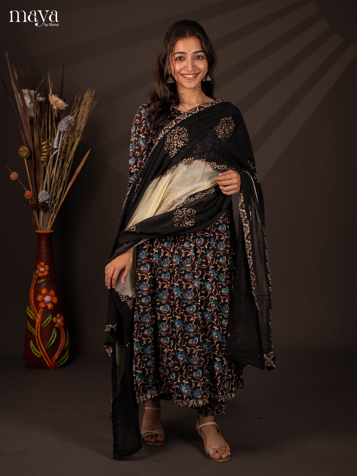 Black Cotton 3Pc Salwar Suit with Floral Print - Top, Bottom & Dupatta - Shop on Shrus.com