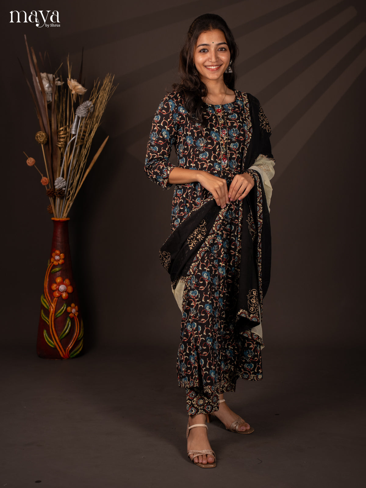 Black Cotton 3Pc Salwar Suit with Floral Print - Top, Bottom & Dupatta - Shop on Shrus.com