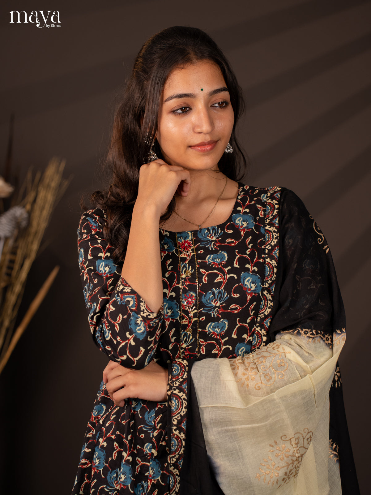 Black Cotton 3Pc Salwar Suit with Floral Print - Top, Bottom & Dupatta - Shop on Shrus.com