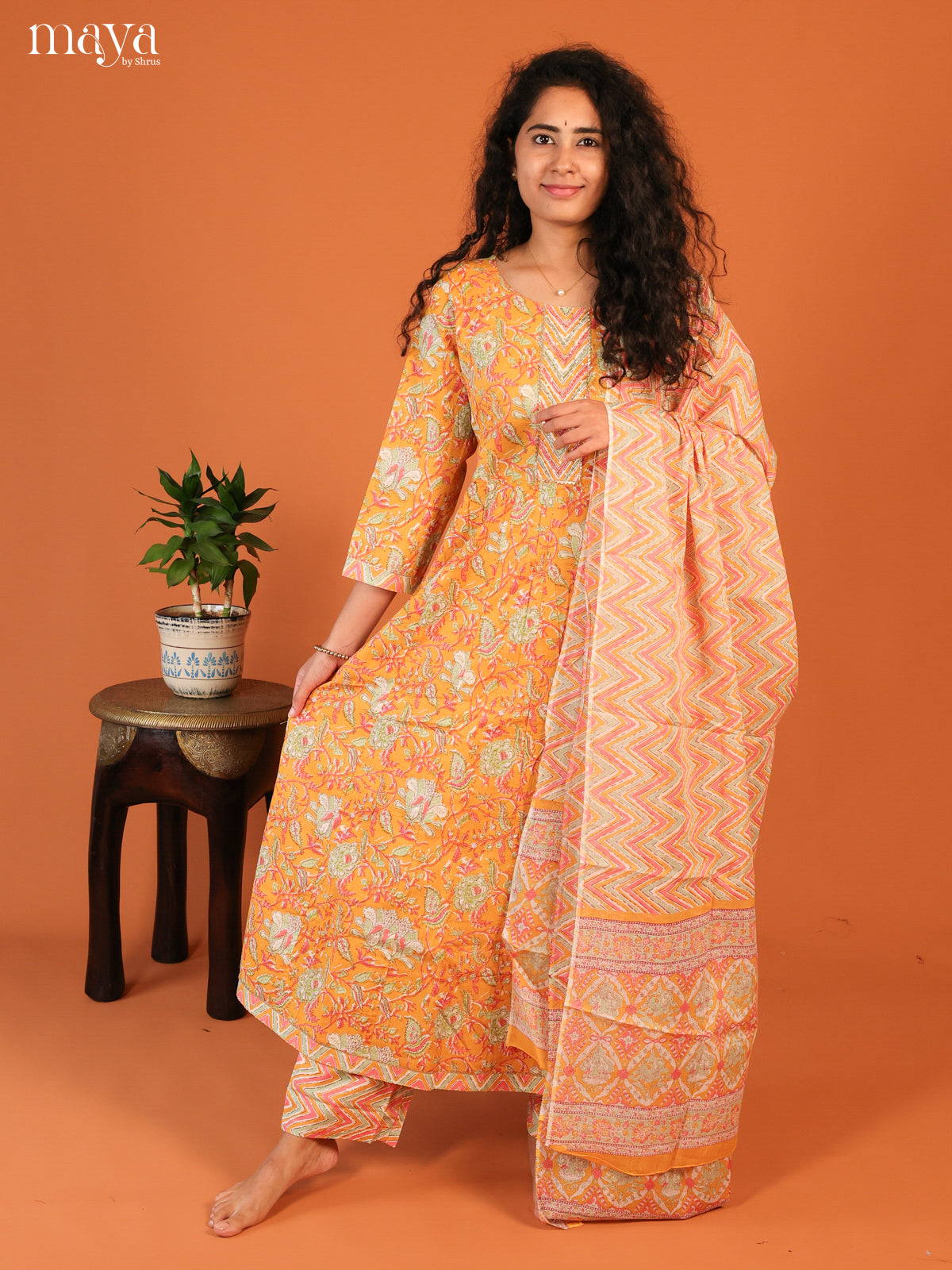 Yellow Cotton 3Pc Salwar Suit with Floral Print - Top, Bottom & Dupatta - Shop on Shrus.com