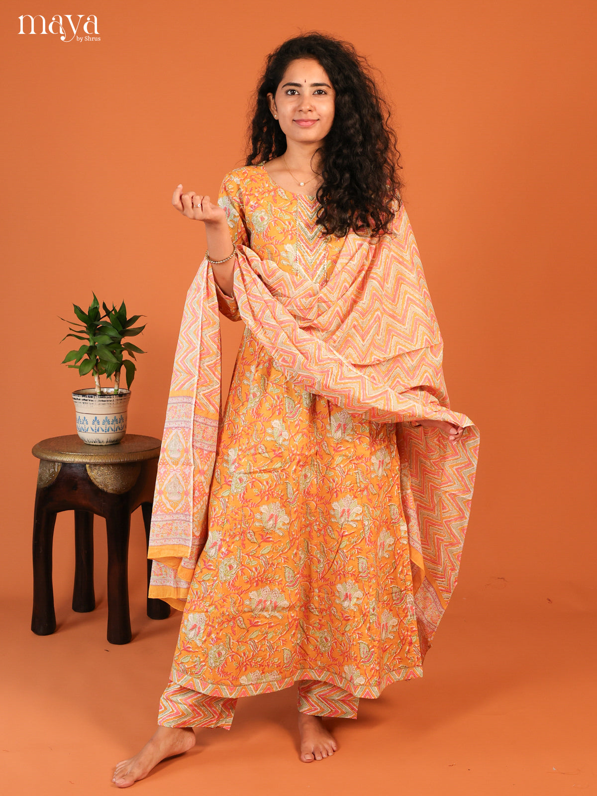 Yellow Cotton 3Pc Salwar Suit with Floral Print - Top, Bottom & Dupatta - Shop on Shrus.com