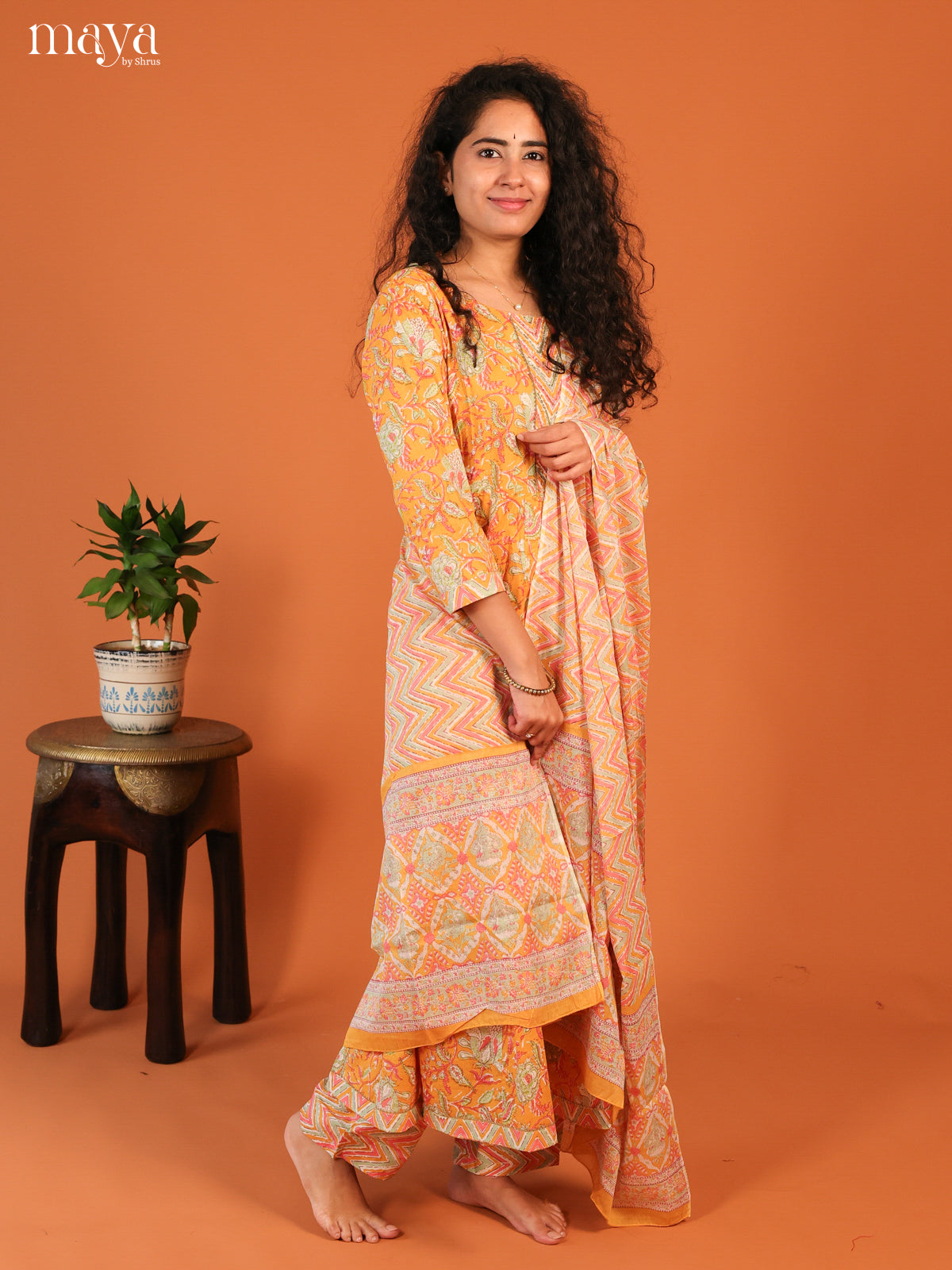 Yellow Cotton 3Pc Salwar Suit with Floral Print - Top, Bottom & Dupatta - Shop on Shrus.com