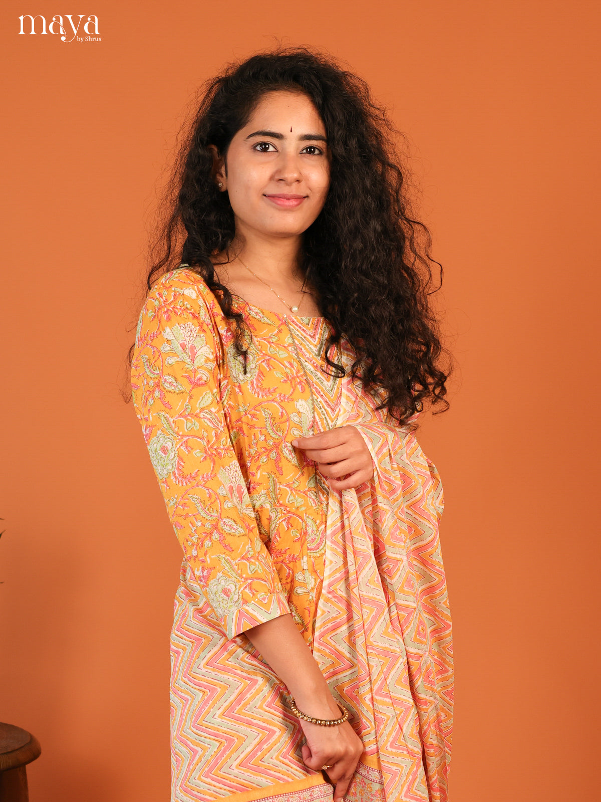 Yellow Cotton 3Pc Salwar Suit with Floral Print - Top, Bottom & Dupatta - Shop on Shrus.com