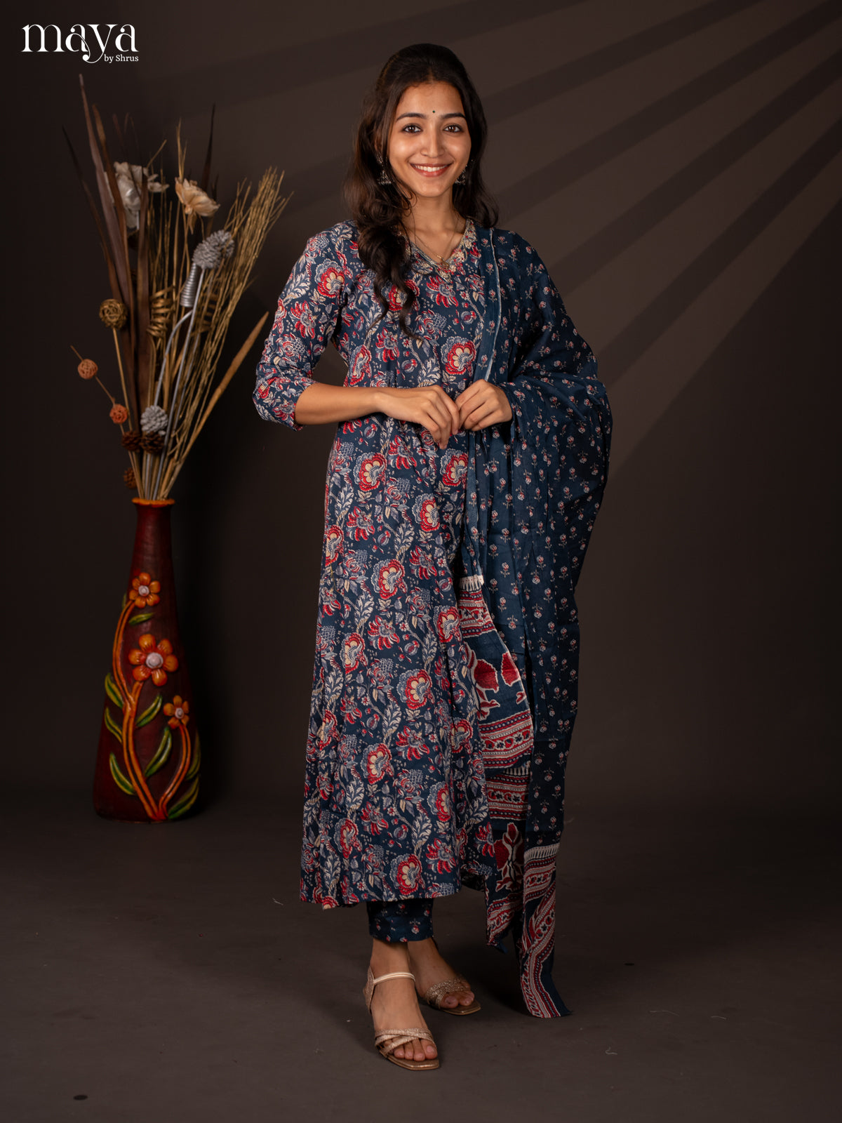 Blue Cotton 3Pc Salwar Suit with Floral Print - Top, Bottom & Dupatta - Shop on Shrus.com
