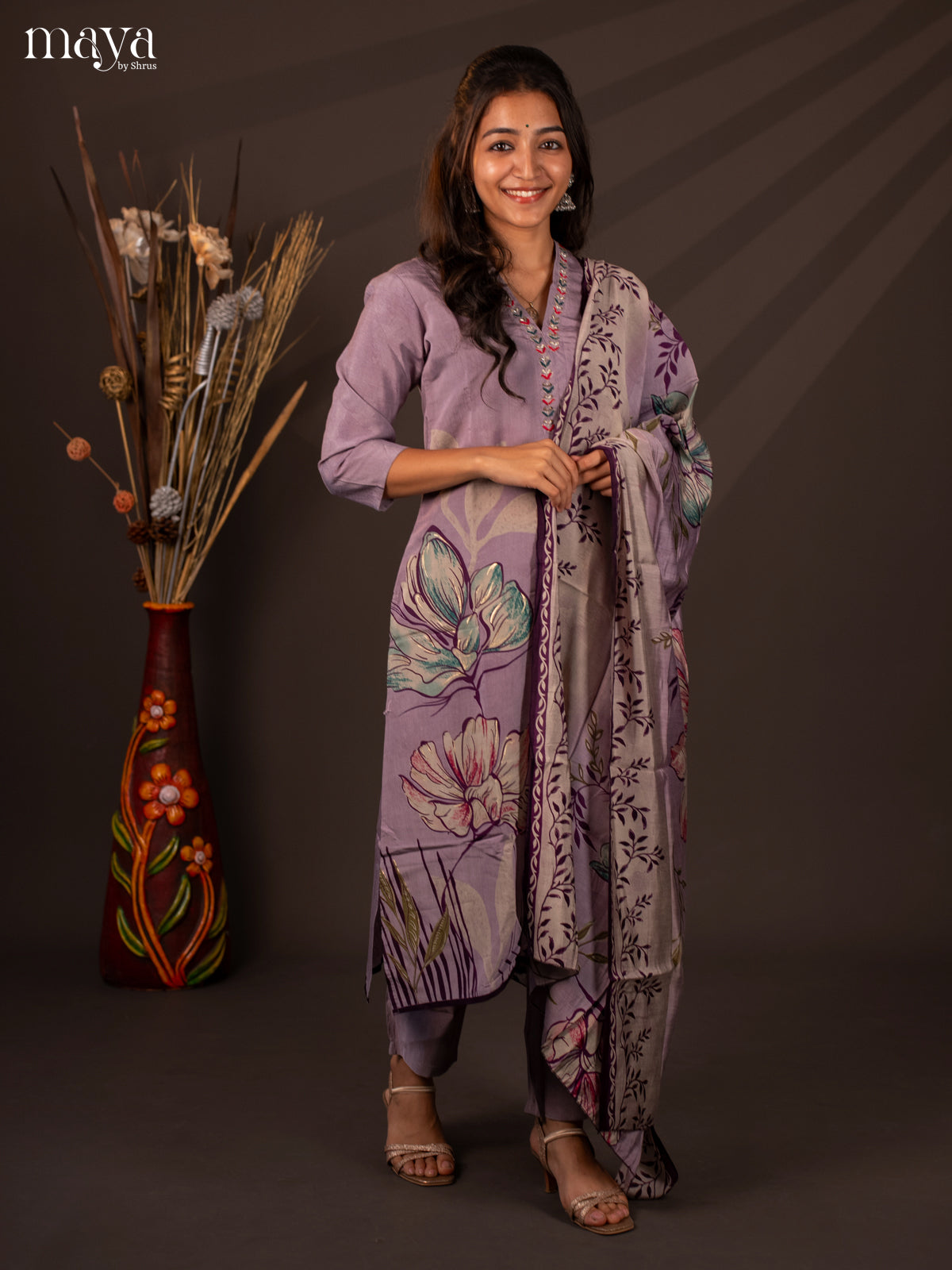 Lavender Rayon 3Pc Salwar Suit with Floral Print - Top, Bottom & Dupatta - Shop on Shrus.com