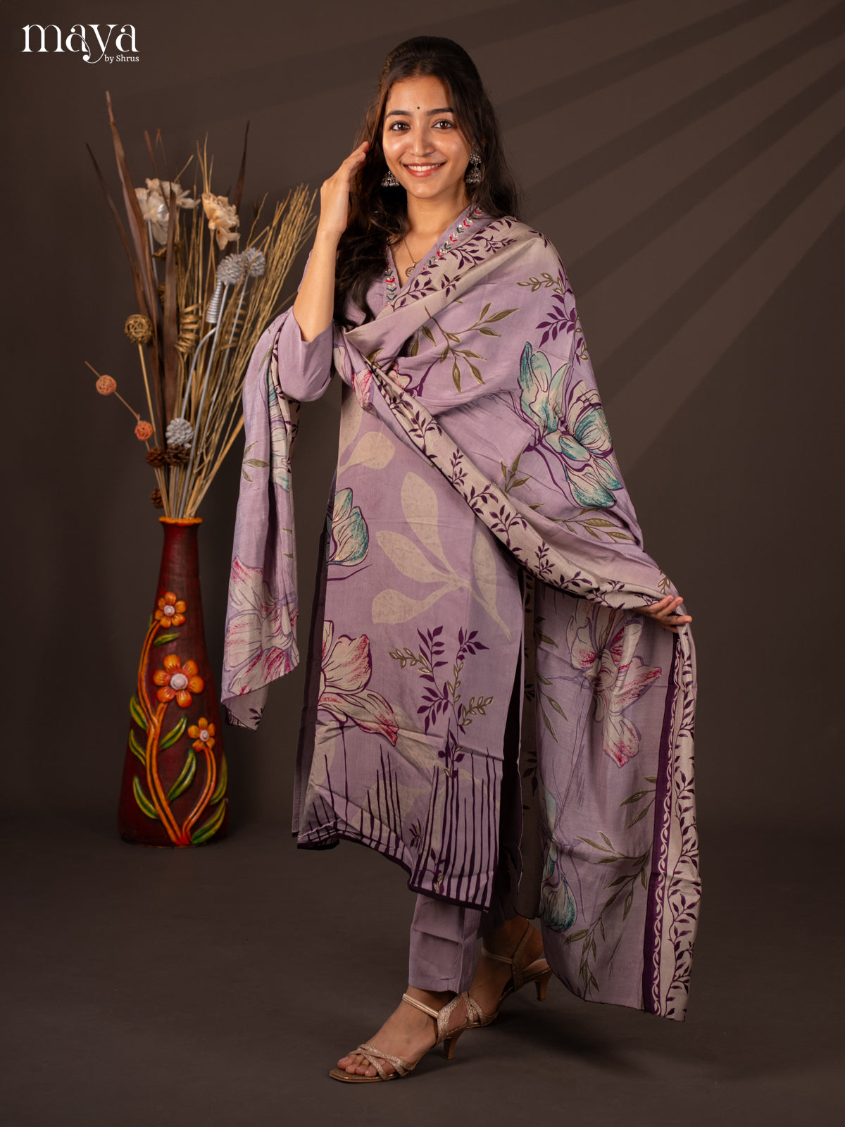 Lavender Rayon 3Pc Salwar Suit with Floral Print - Top, Bottom & Dupatta - Shop on Shrus.com