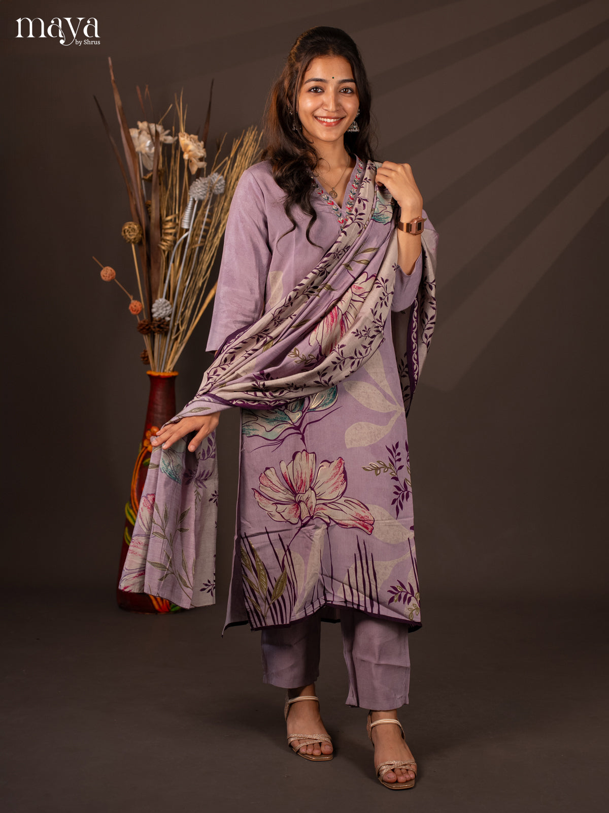 Lavender Rayon 3Pc Salwar Suit with Floral Print - Top, Bottom & Dupatta - Shop on Shrus.com