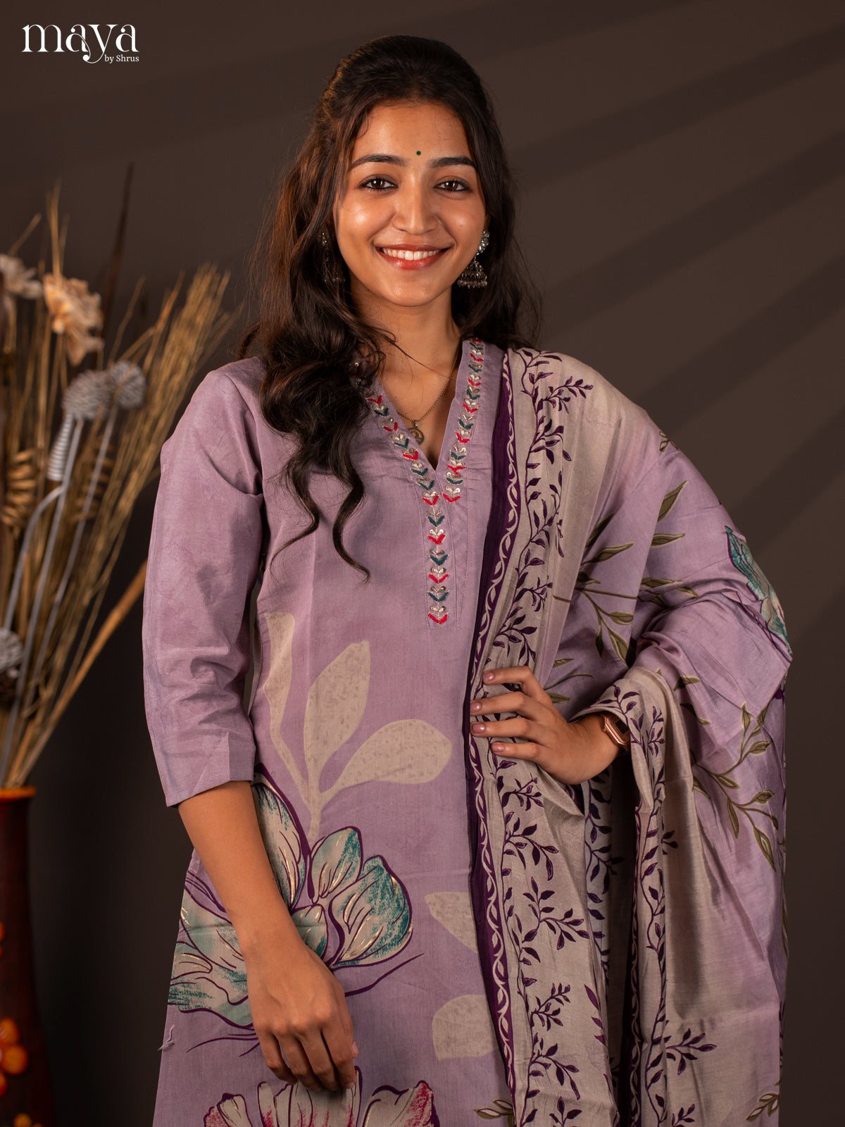 Lavender Rayon 3Pc Salwar Suit with Floral Print - Top, Bottom & Dupatta - Shop on Shrus.com