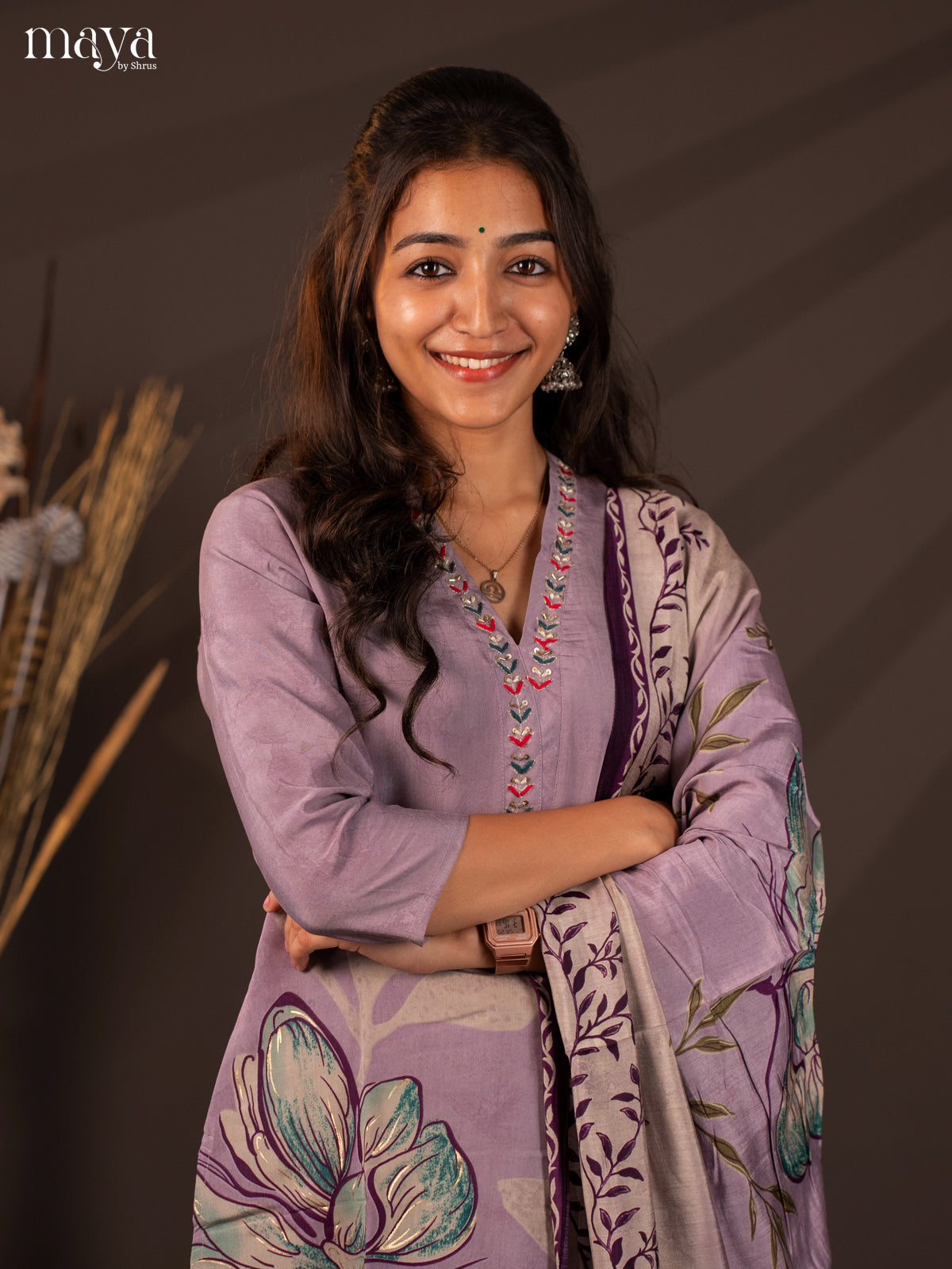 Lavender Rayon 3Pc Salwar Suit with Floral Print - Top, Bottom & Dupatta - Shop on Shrus.com