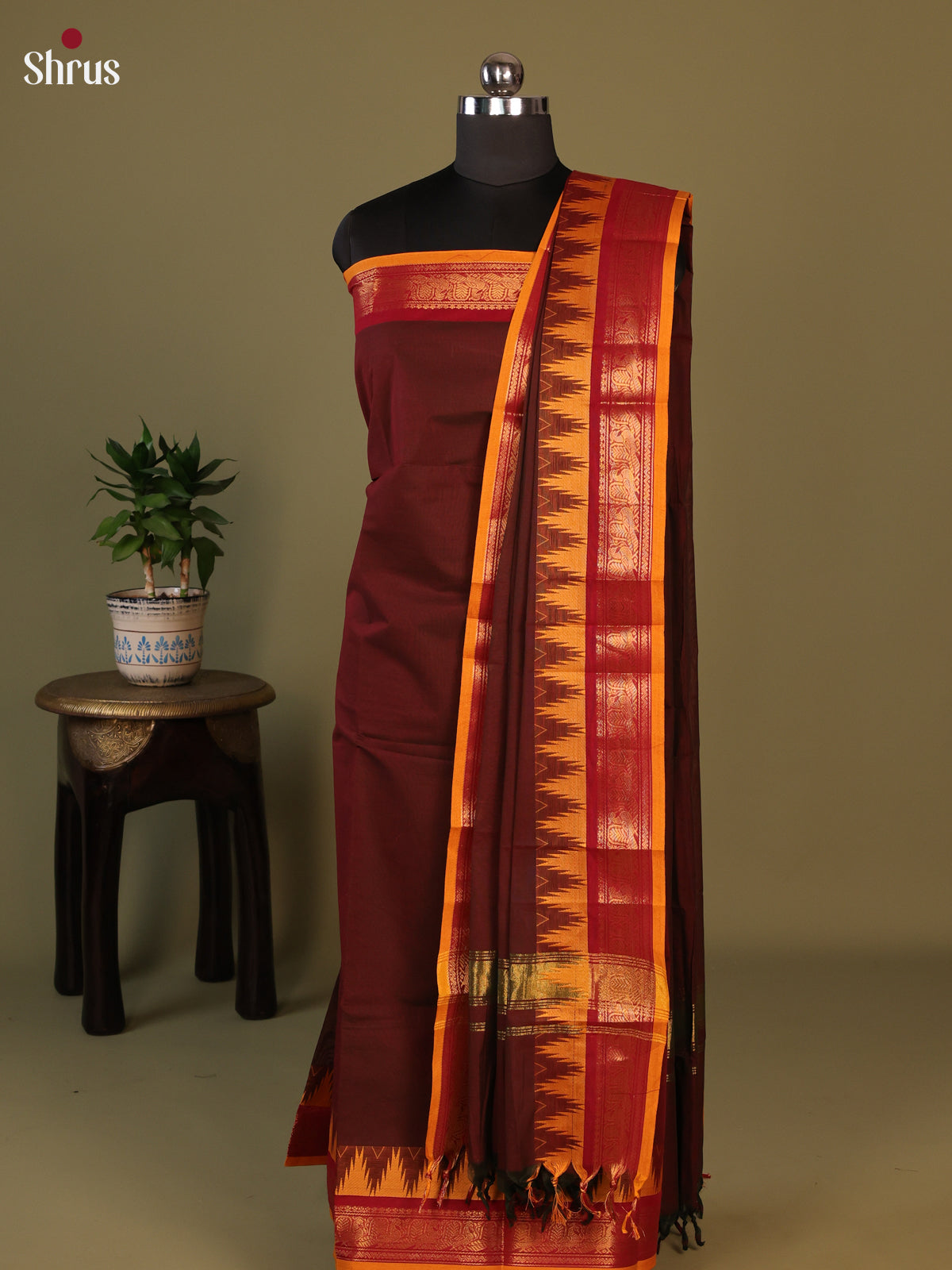 Brown & Mustard Chettinad Cotton Unstitched Top & Dupatta- MCL25003 - Shop on Shrus.com
