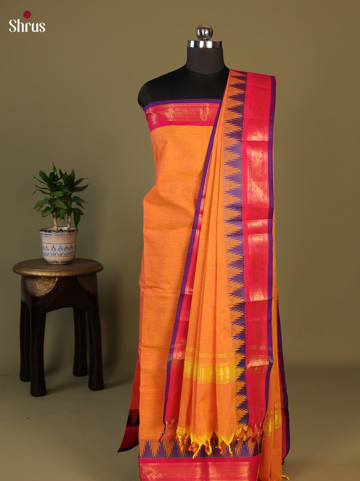 Orange & Pink Chettinad Cotton Unstitched Top & Dupatta- MCL25004 - Shop on Shrus.com