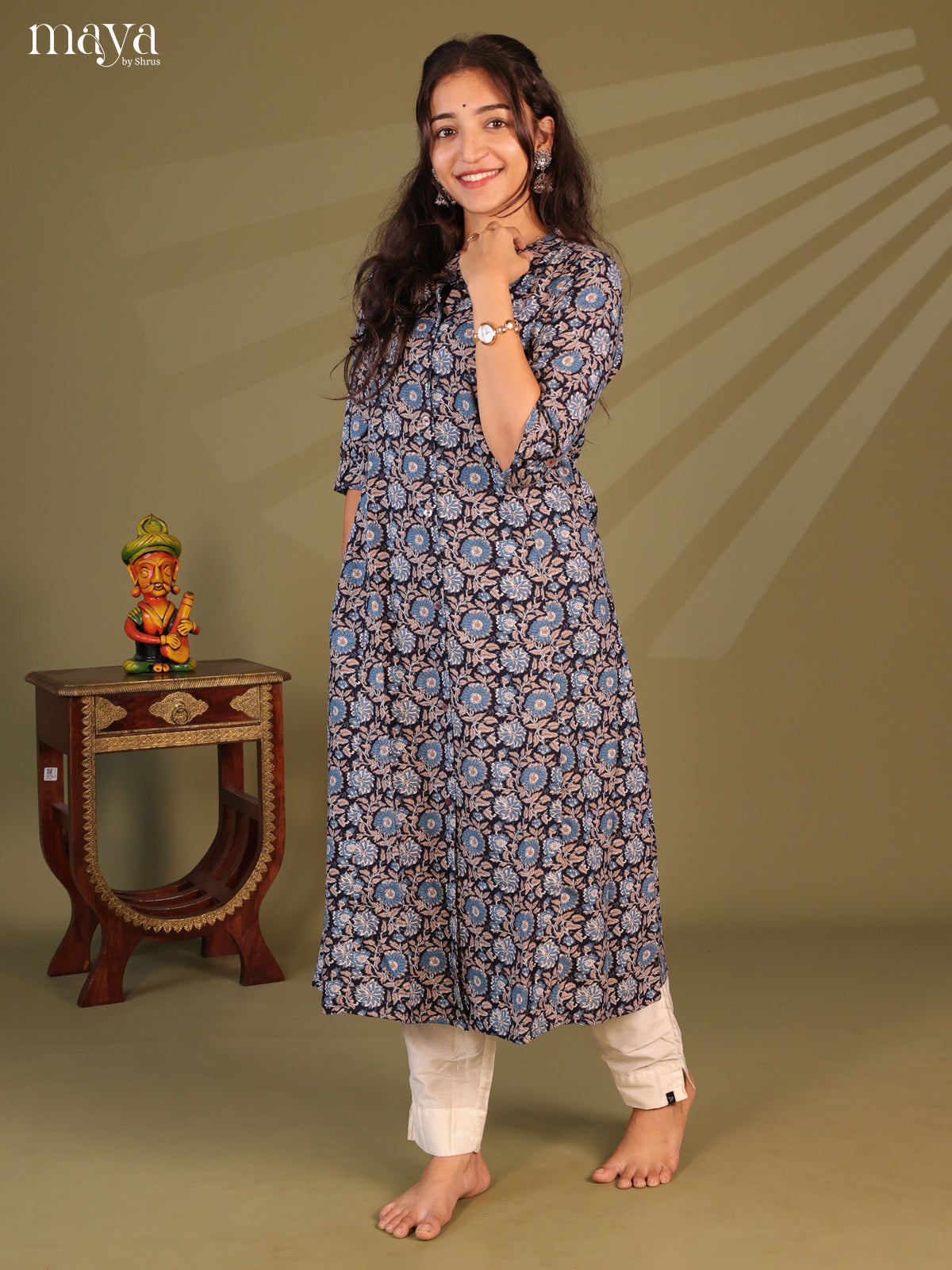 Blue Floral Printed Rayon Kurti - Shop on Shrus.com