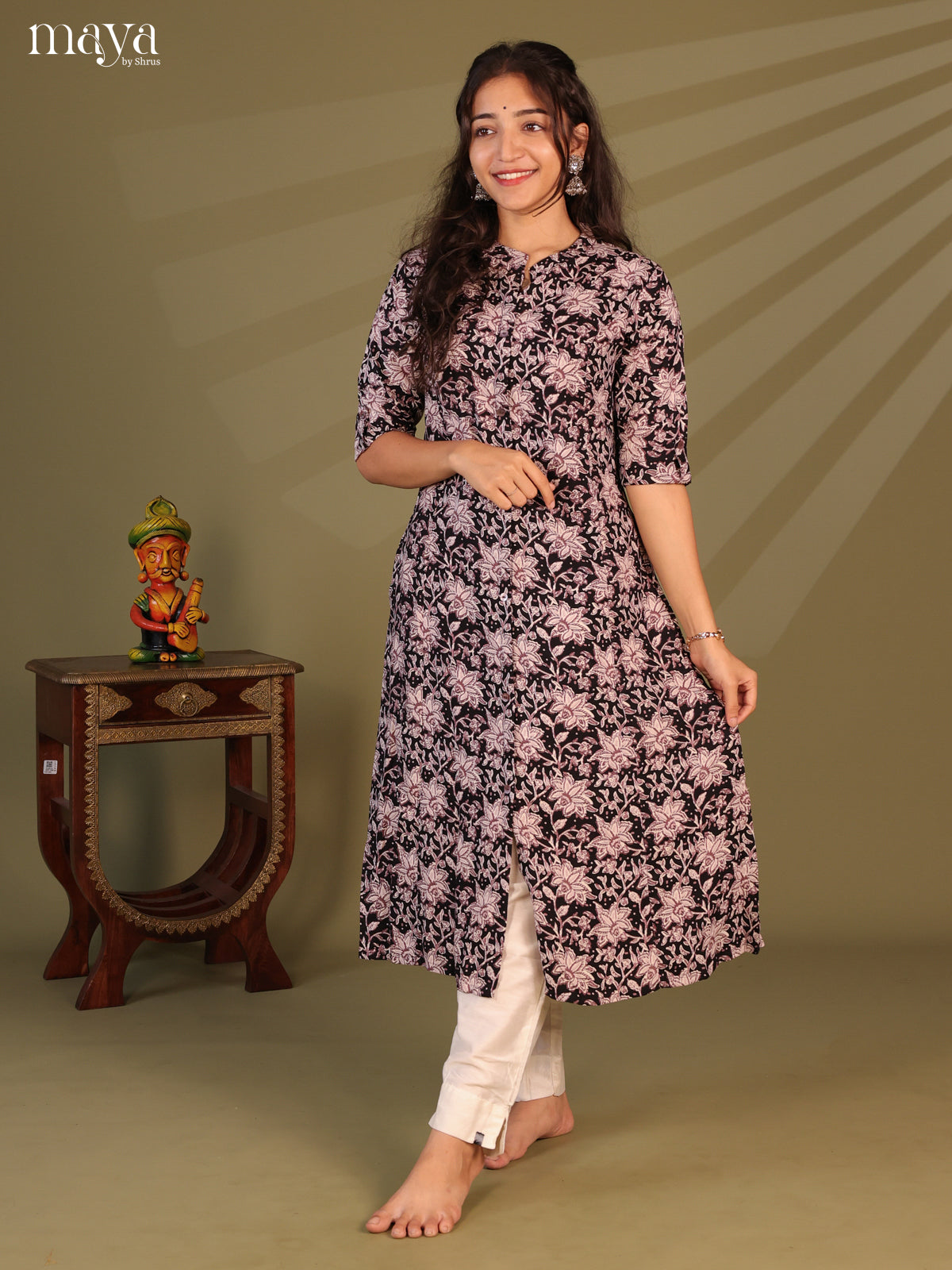 Black Floral Printed Rayon Kurti - Shop on Shrus.com