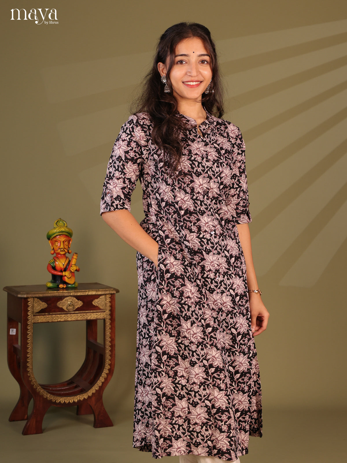 Black Floral Printed Rayon Kurti - Shop on Shrus.com