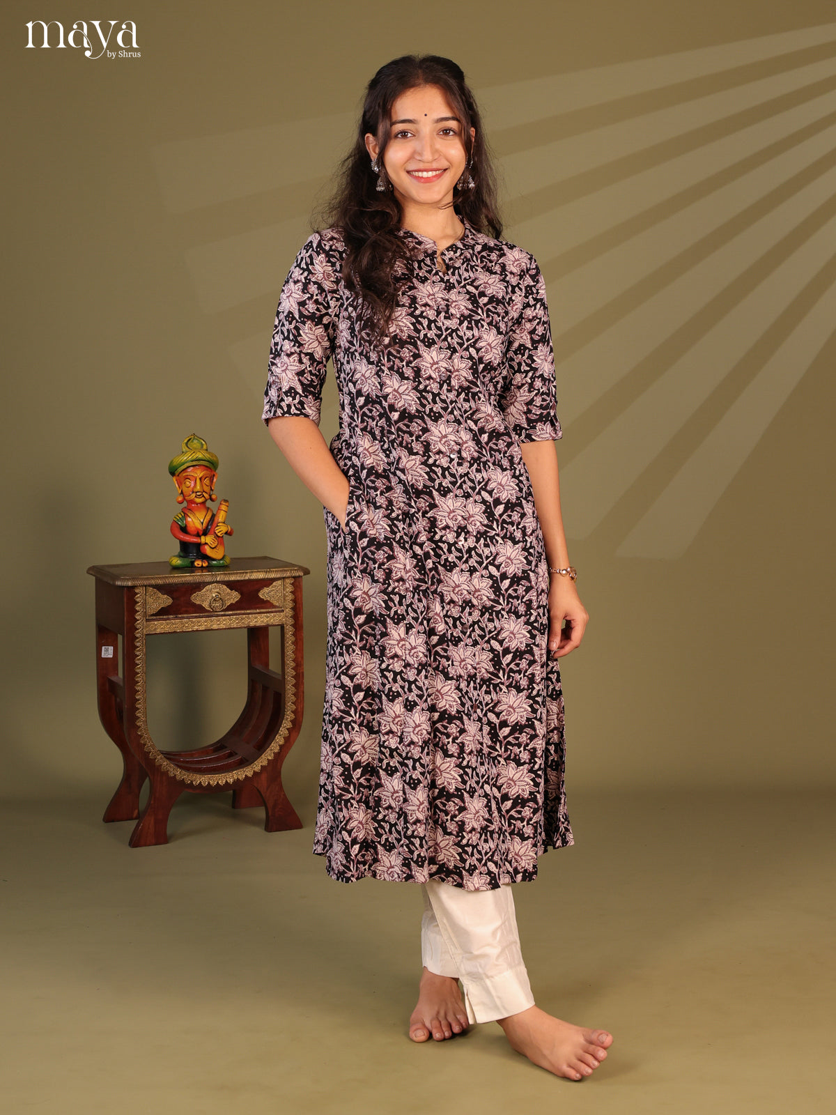 Black Floral Printed Rayon Kurti - Shop on Shrus.com