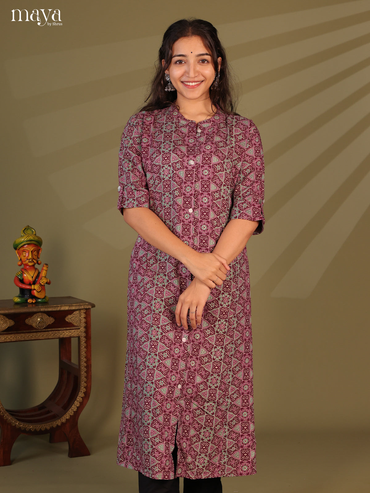 Maroon Ajrakh Printed Rayon Kurti - Shop on Shrus.com