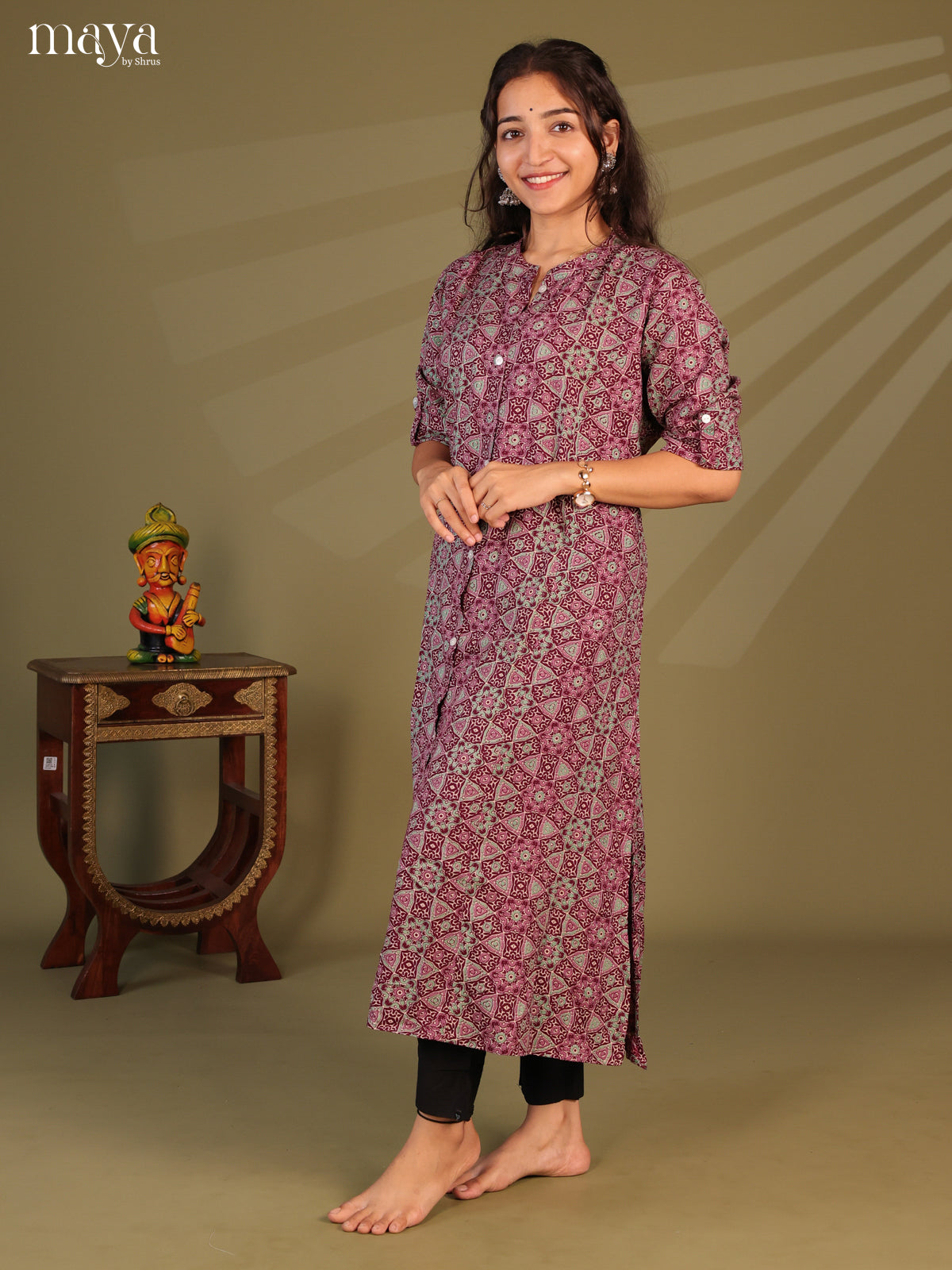Maroon Ajrakh Printed Rayon Kurti - Shop on Shrus.com