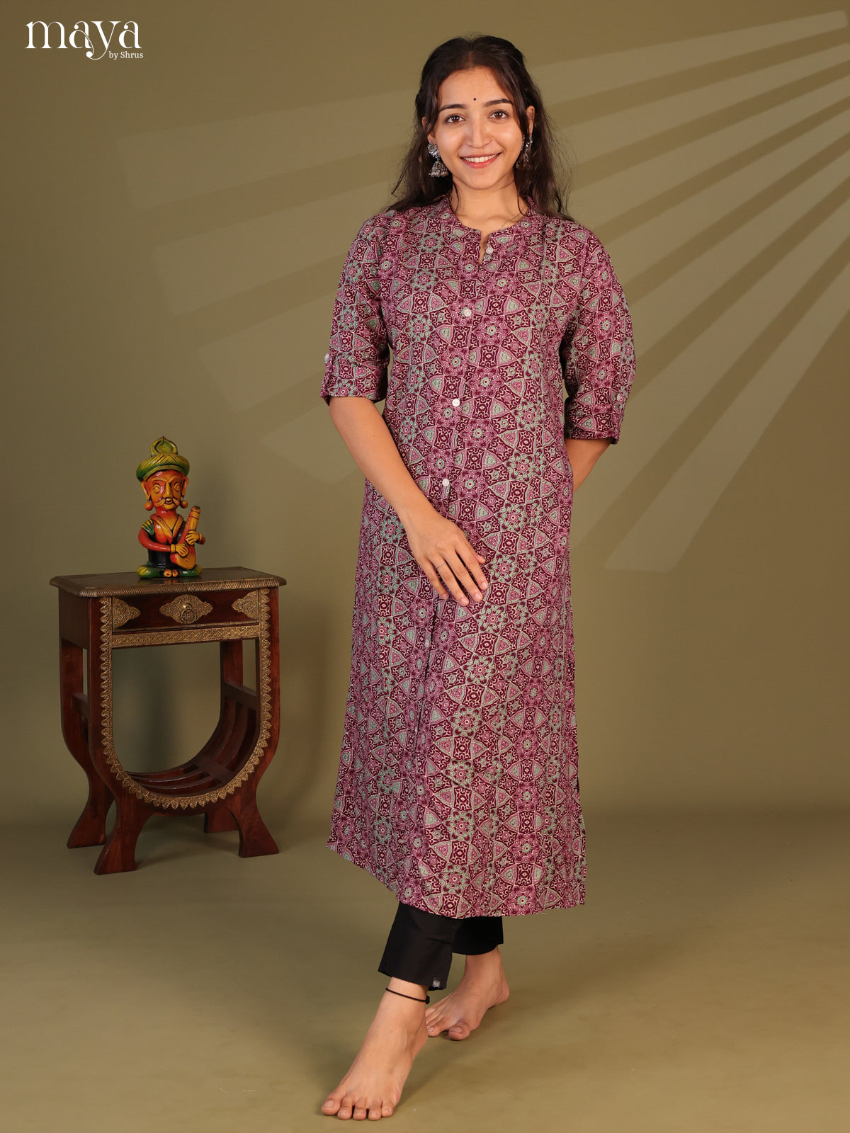 Maroon Ajrakh Printed Rayon Kurti - Shop on Shrus.com