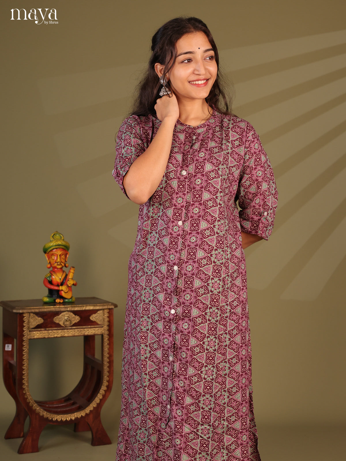 Maroon Ajrakh Printed Rayon Kurti - Shop on Shrus.com