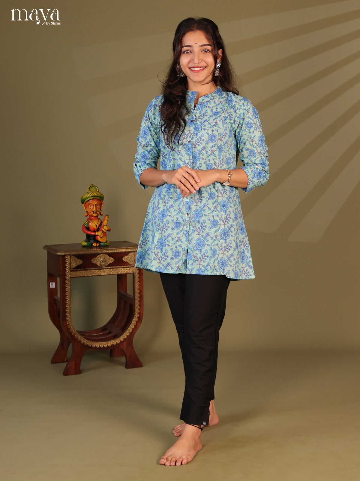 Floral Printed Blue Cotton Short Kurti - Shop on Shrus.com