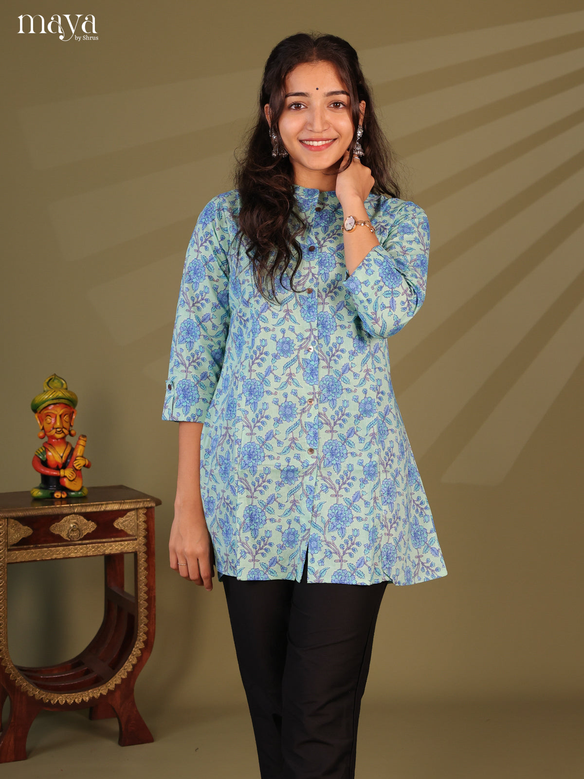 Floral Printed Blue Cotton Short Kurti - Shop on Shrus.com