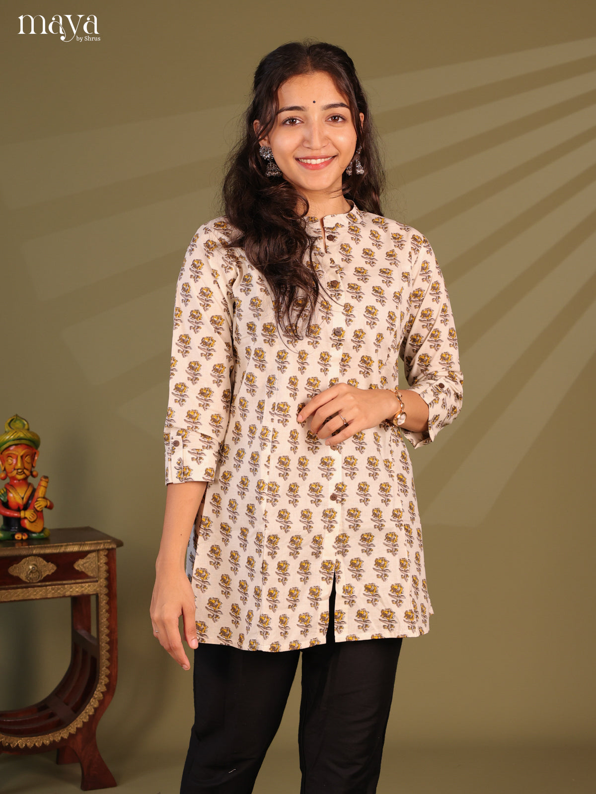 Floral Printed Off White Cotton Short Kurti - Shop on Shrus.com