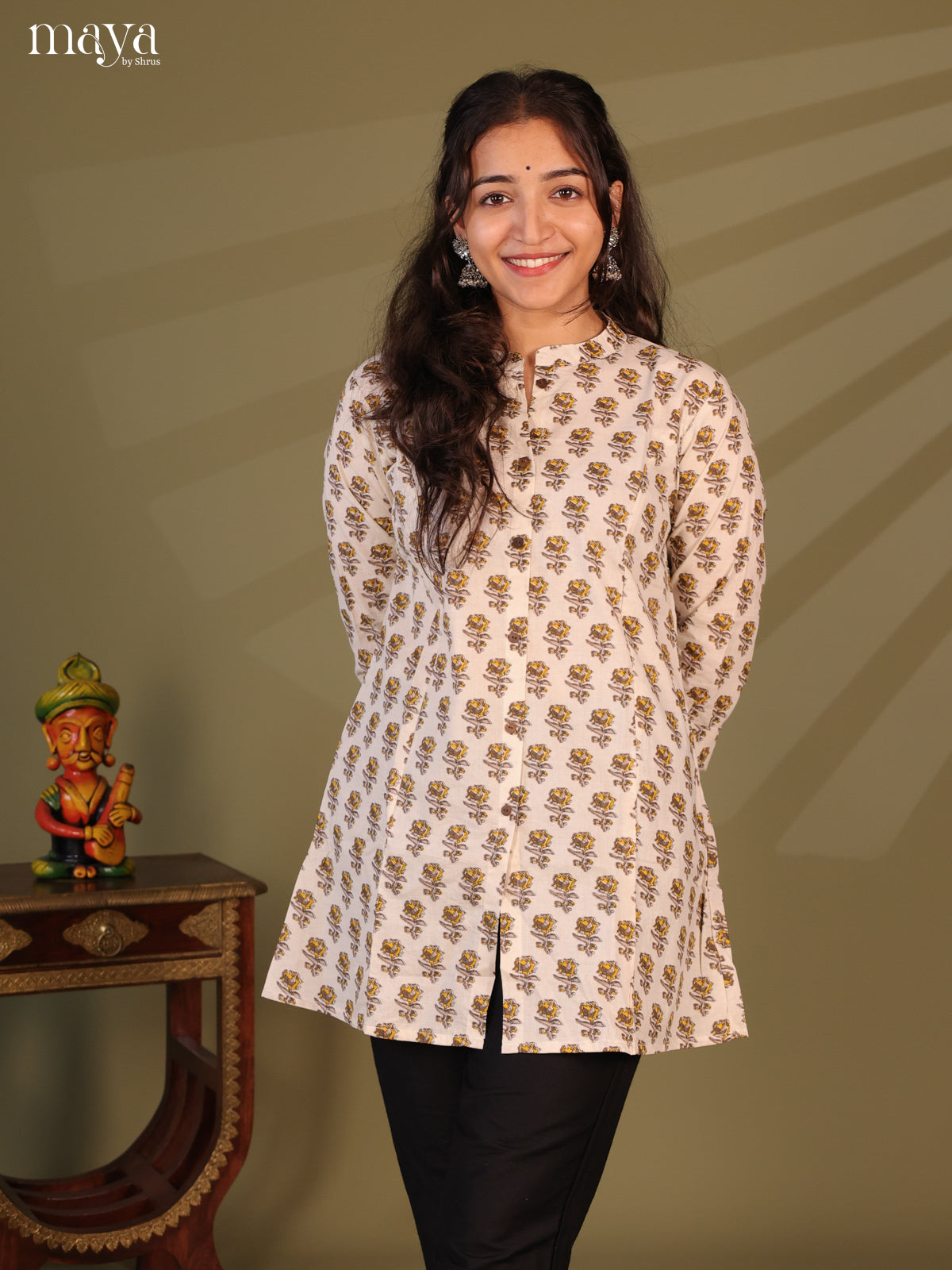 Floral Printed Off White Cotton Short Kurti - Shop on Shrus.com