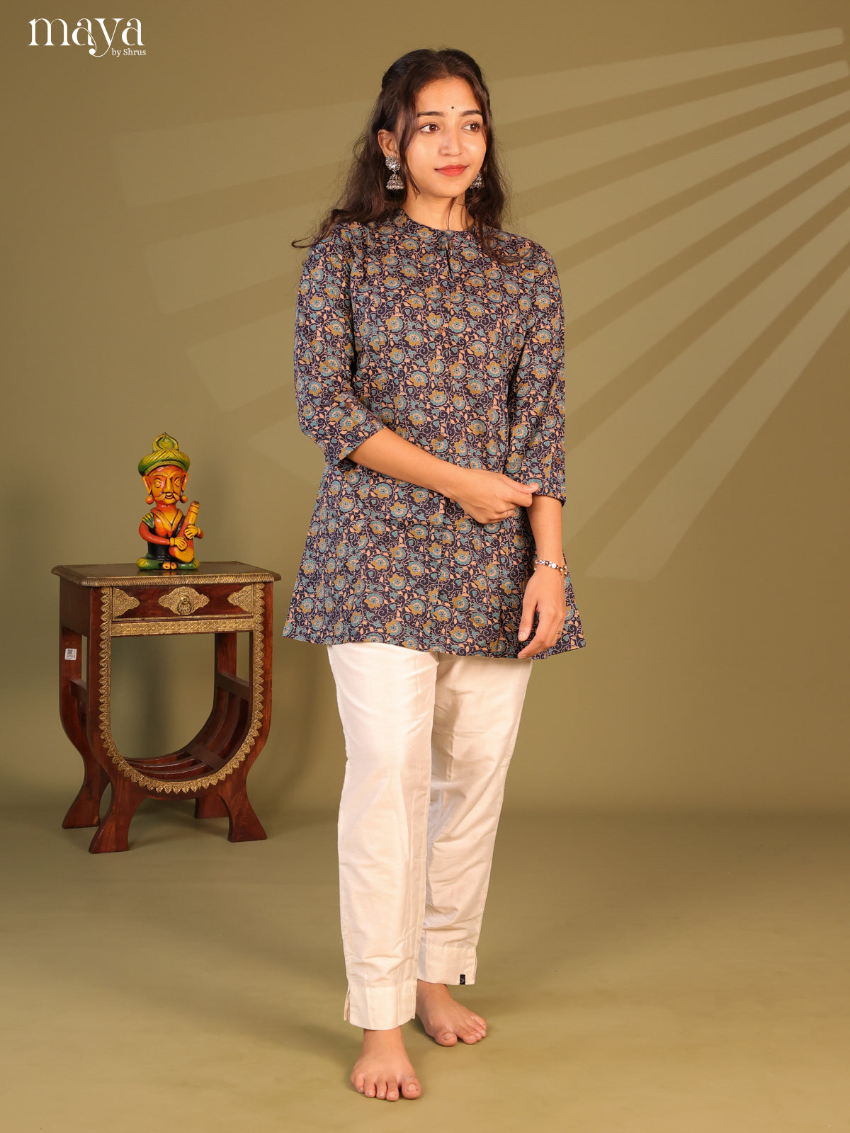 Floral Printed Blue Cotton Short Kurti - Shop on Shrus.com